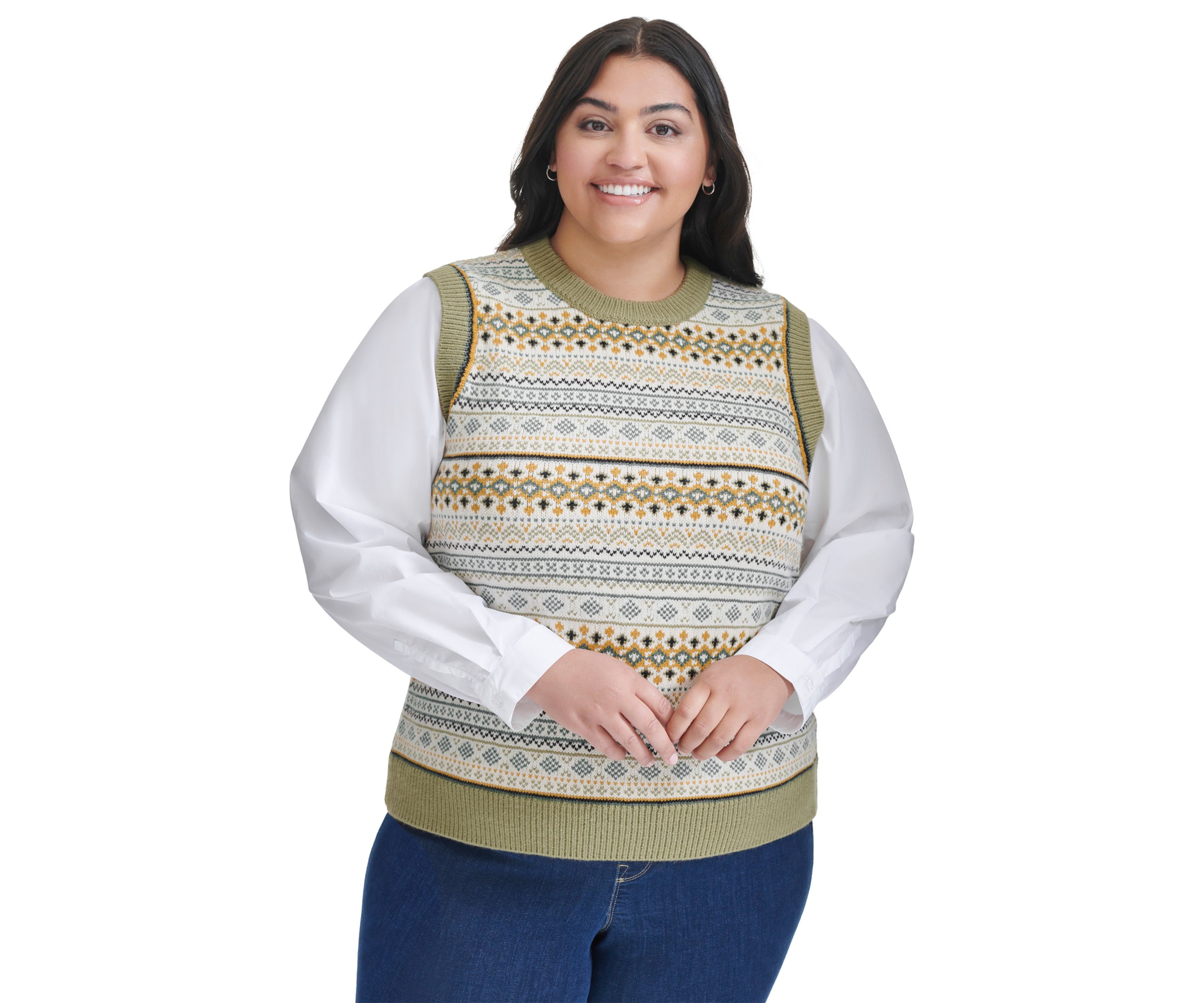Plus Size Mixed Media Fairisle Vest with Woven Shirting