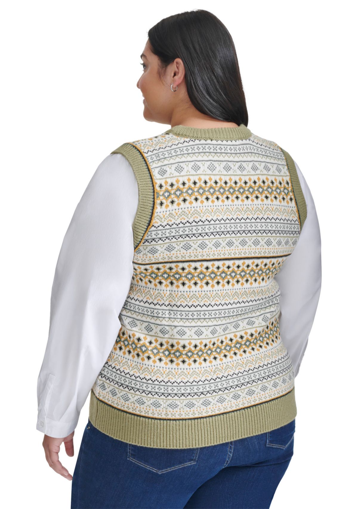 Plus Size Mixed Media Fairisle Vest with Woven Shirting