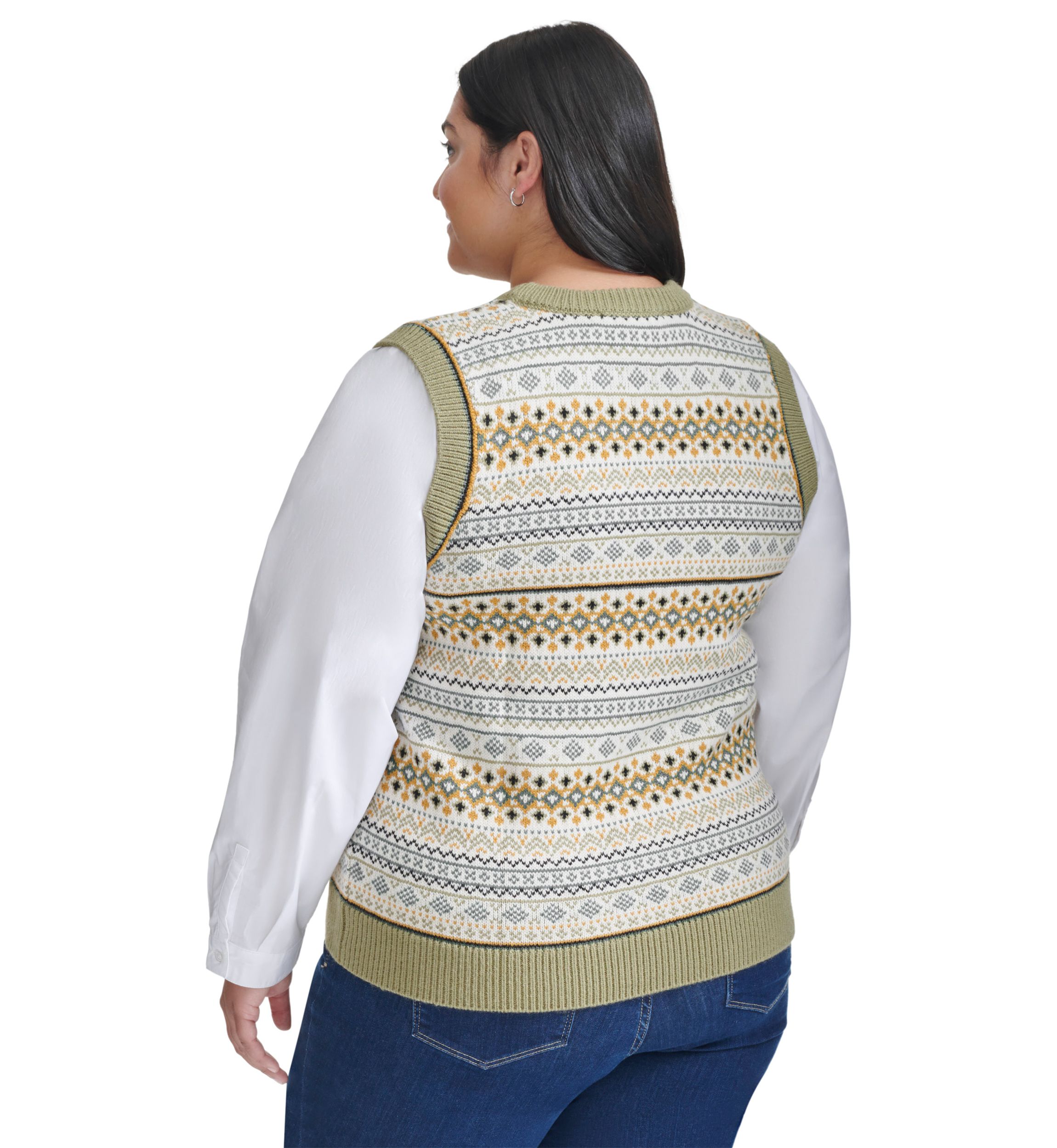 Plus Size Mixed Media Fairisle Vest with Woven Shirting