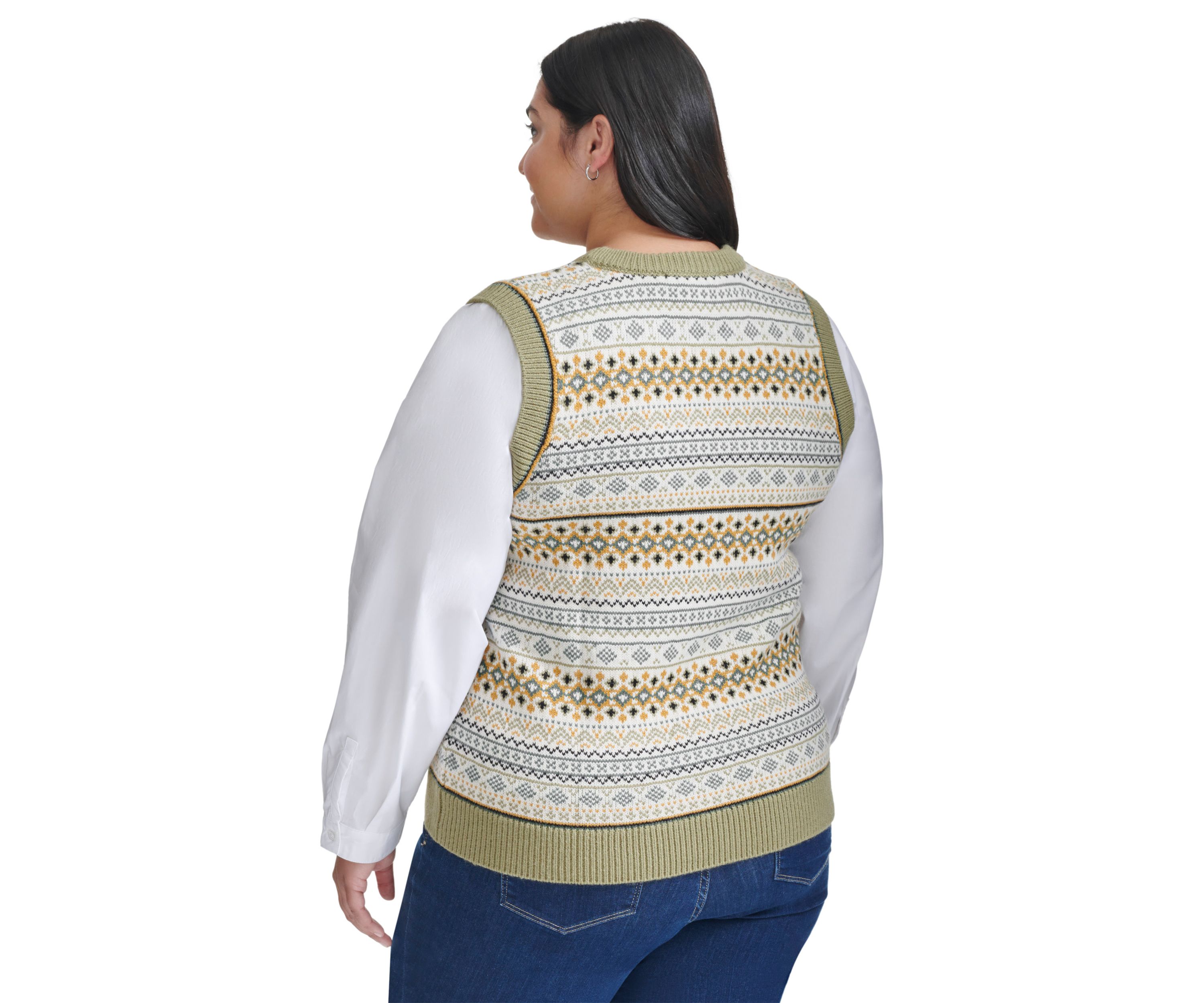 Plus Size Mixed Media Fairisle Vest with Woven Shirting
