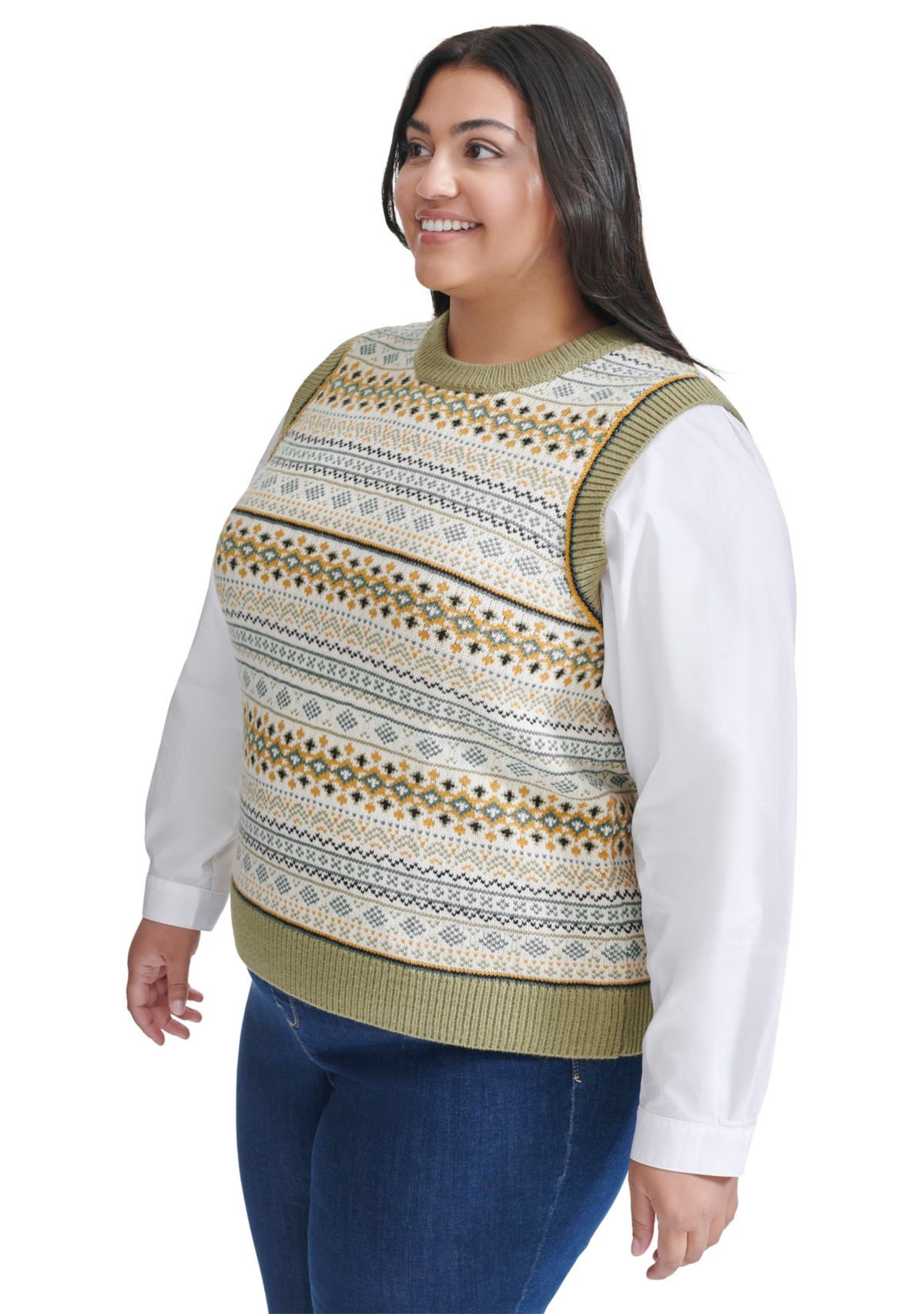 Plus Size Mixed Media Fairisle Vest with Woven Shirting