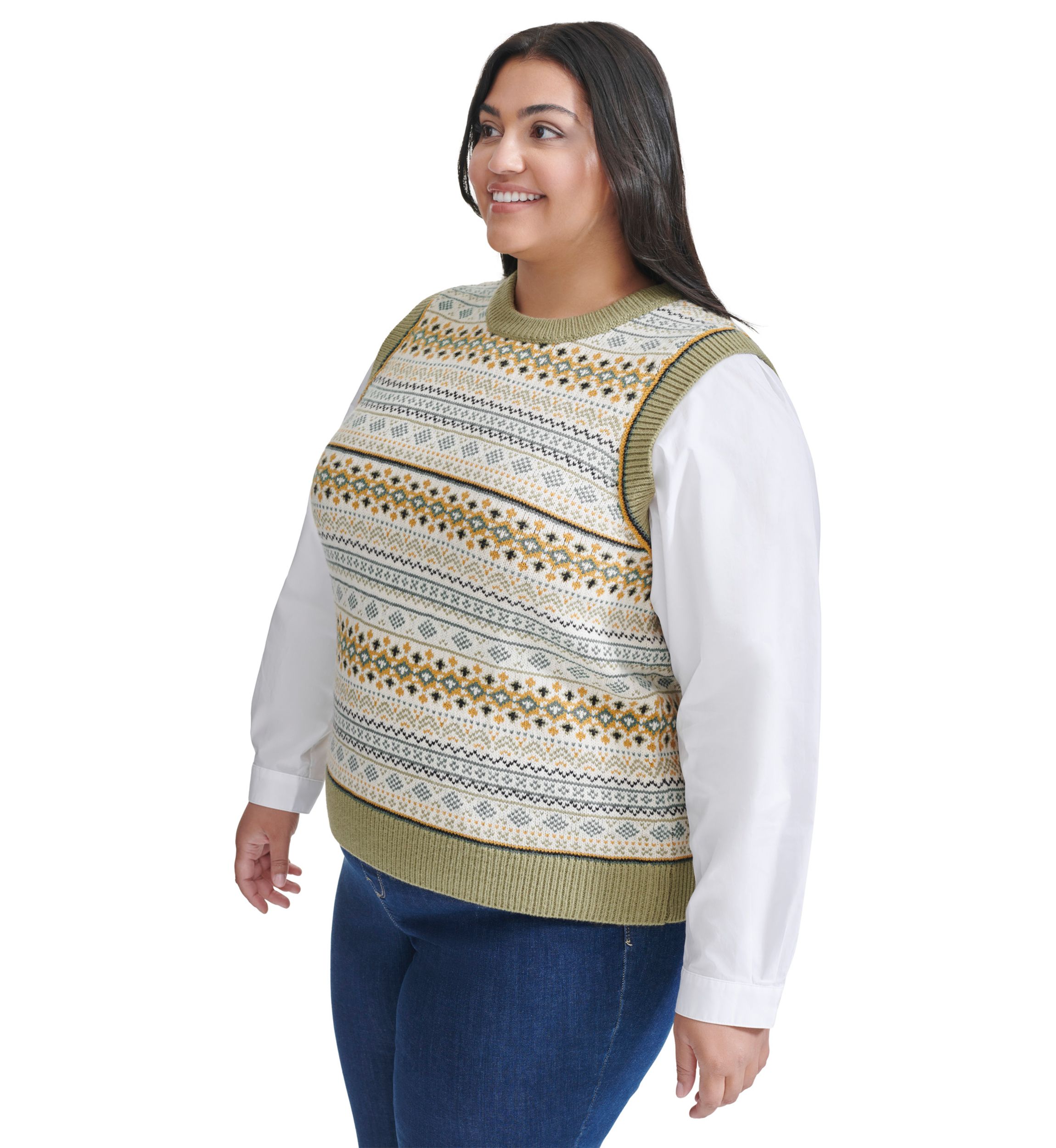 Plus Size Mixed Media Fairisle Vest with Woven Shirting