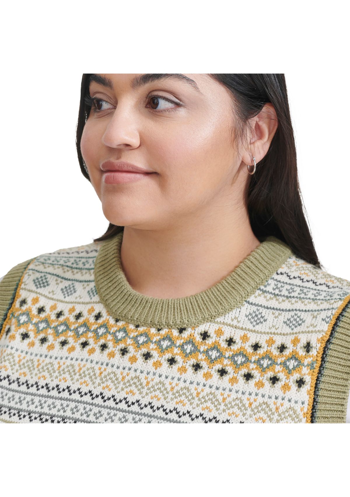 Plus Size Mixed Media Fairisle Vest with Woven Shirting
