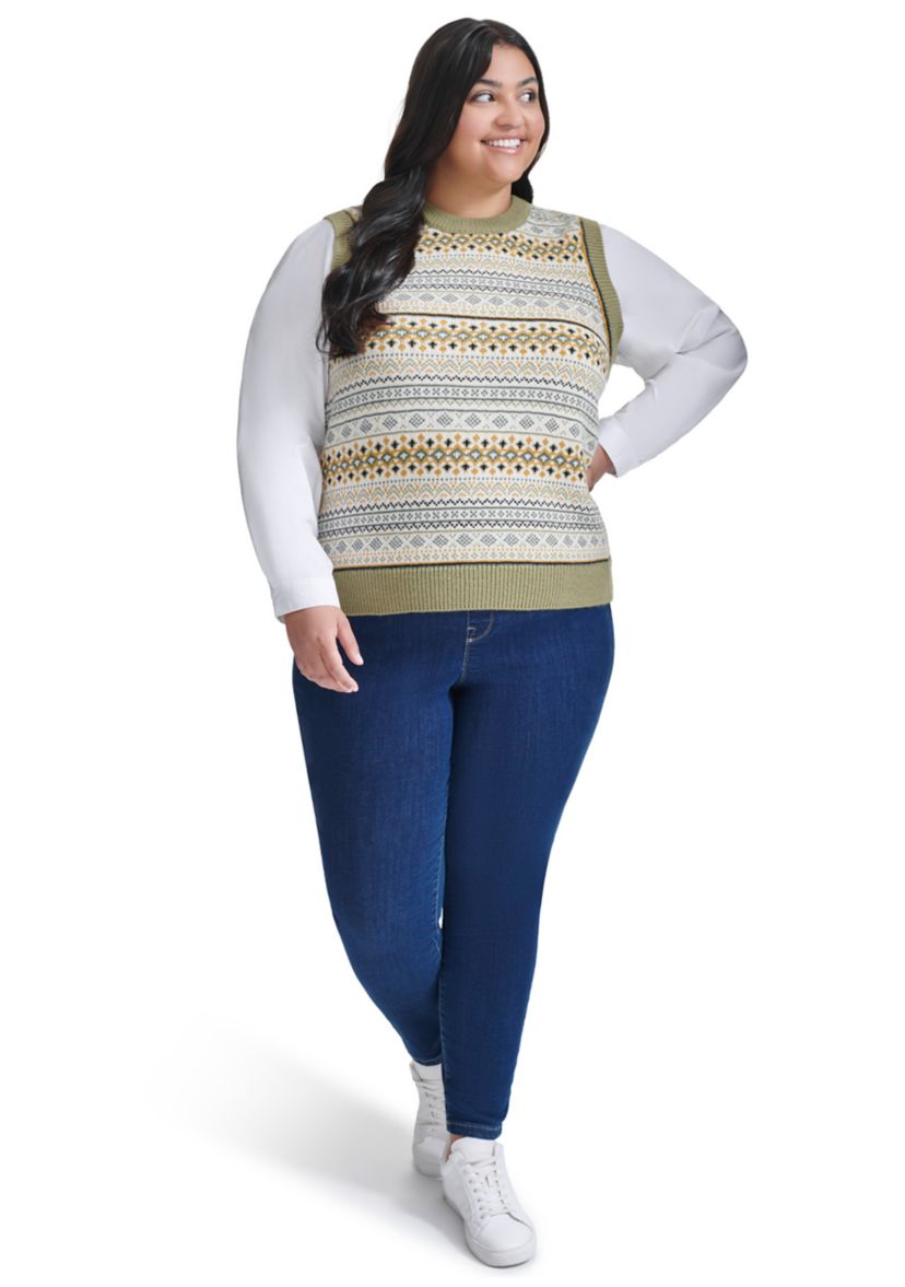 Plus Size Mixed Media Fairisle Vest with Woven Shirting