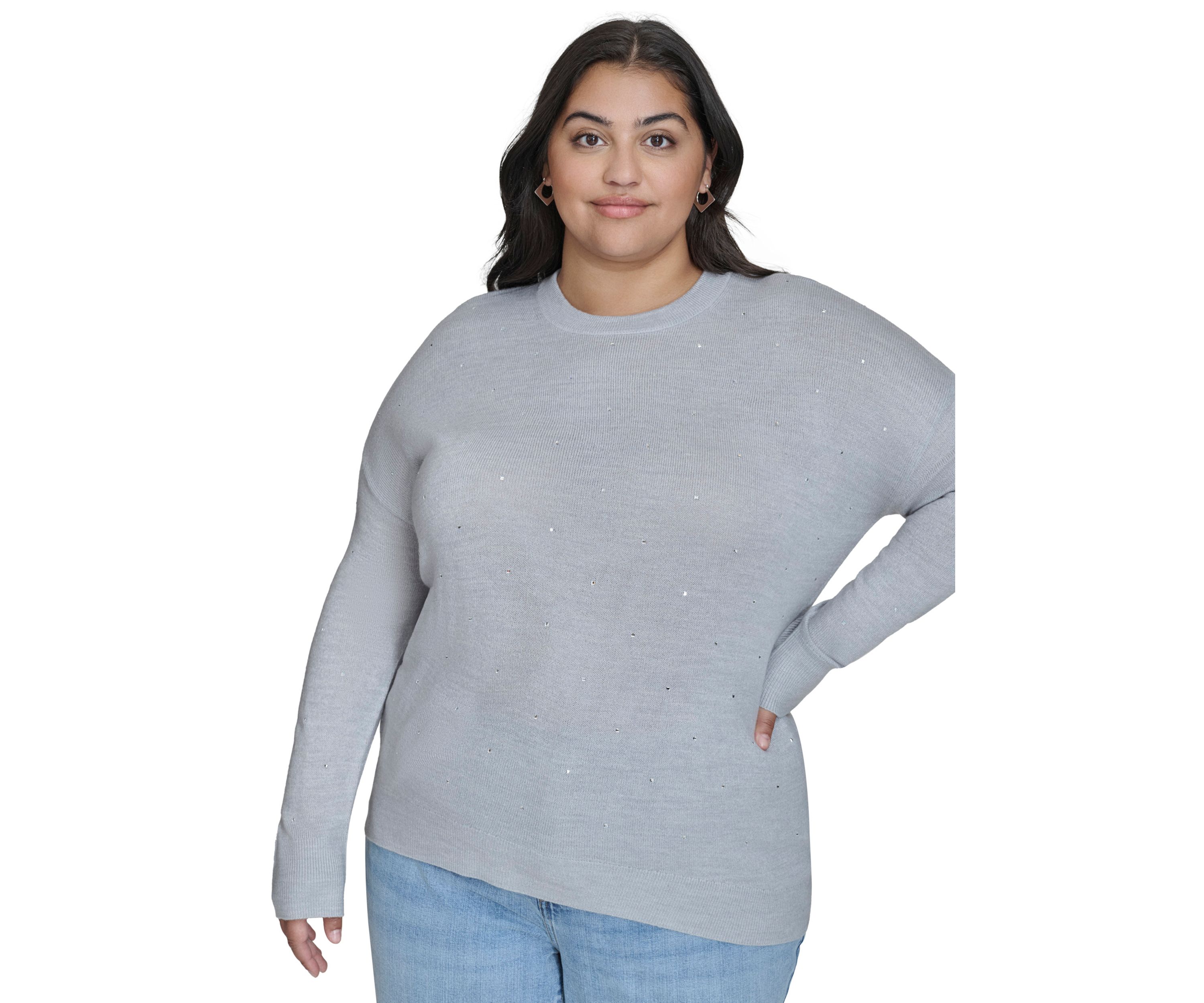 Plus Size Pearl Grey Rhinestone Curve Relaxed Sweater 