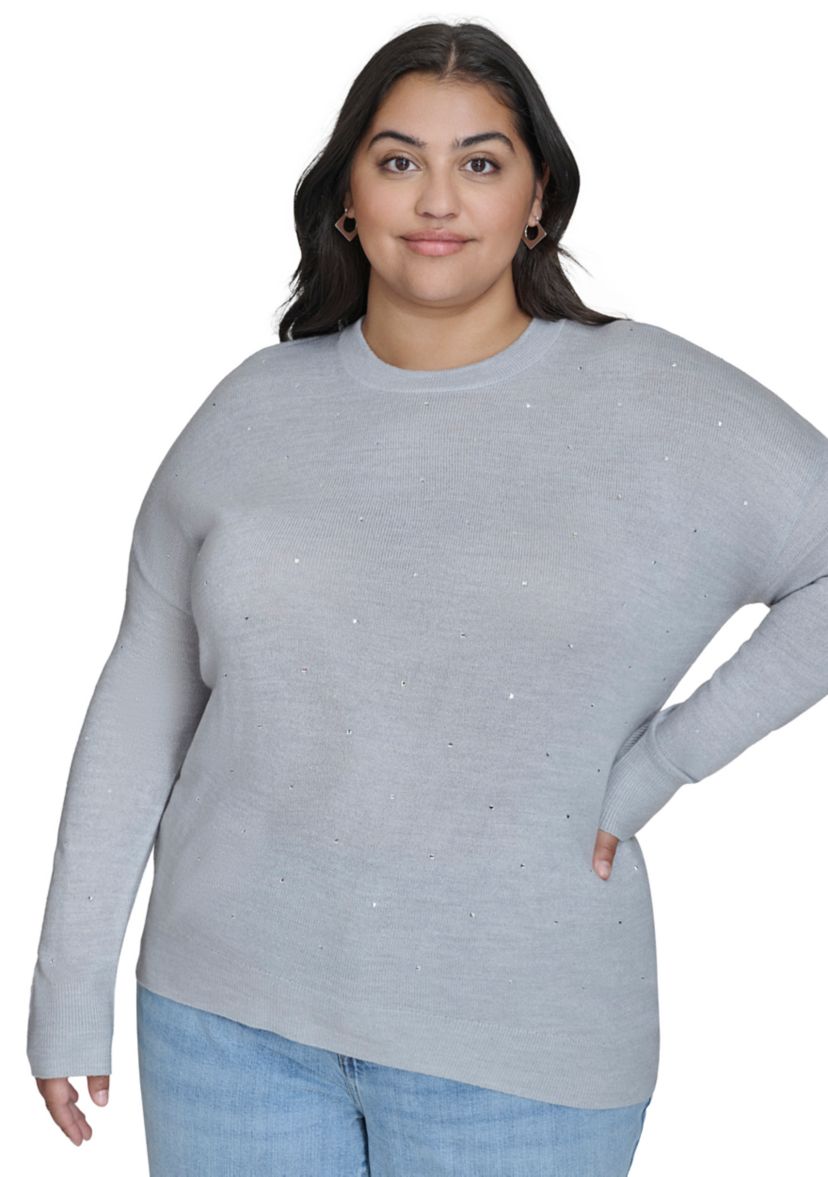 Plus Size Pearl Grey Rhinestone Curve Relaxed Sweater 