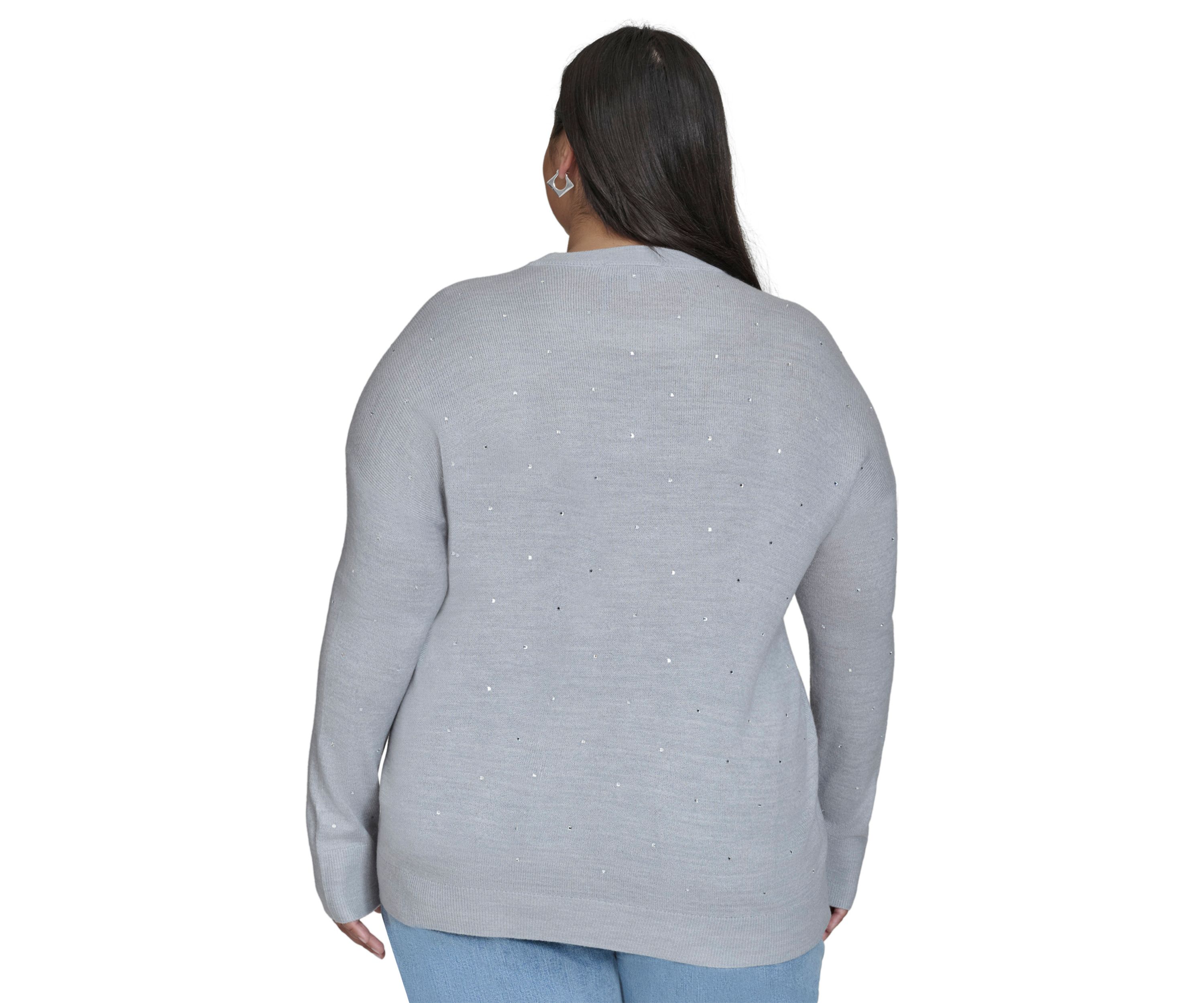Plus Size Pearl Grey Rhinestone Curve Relaxed Sweater 
