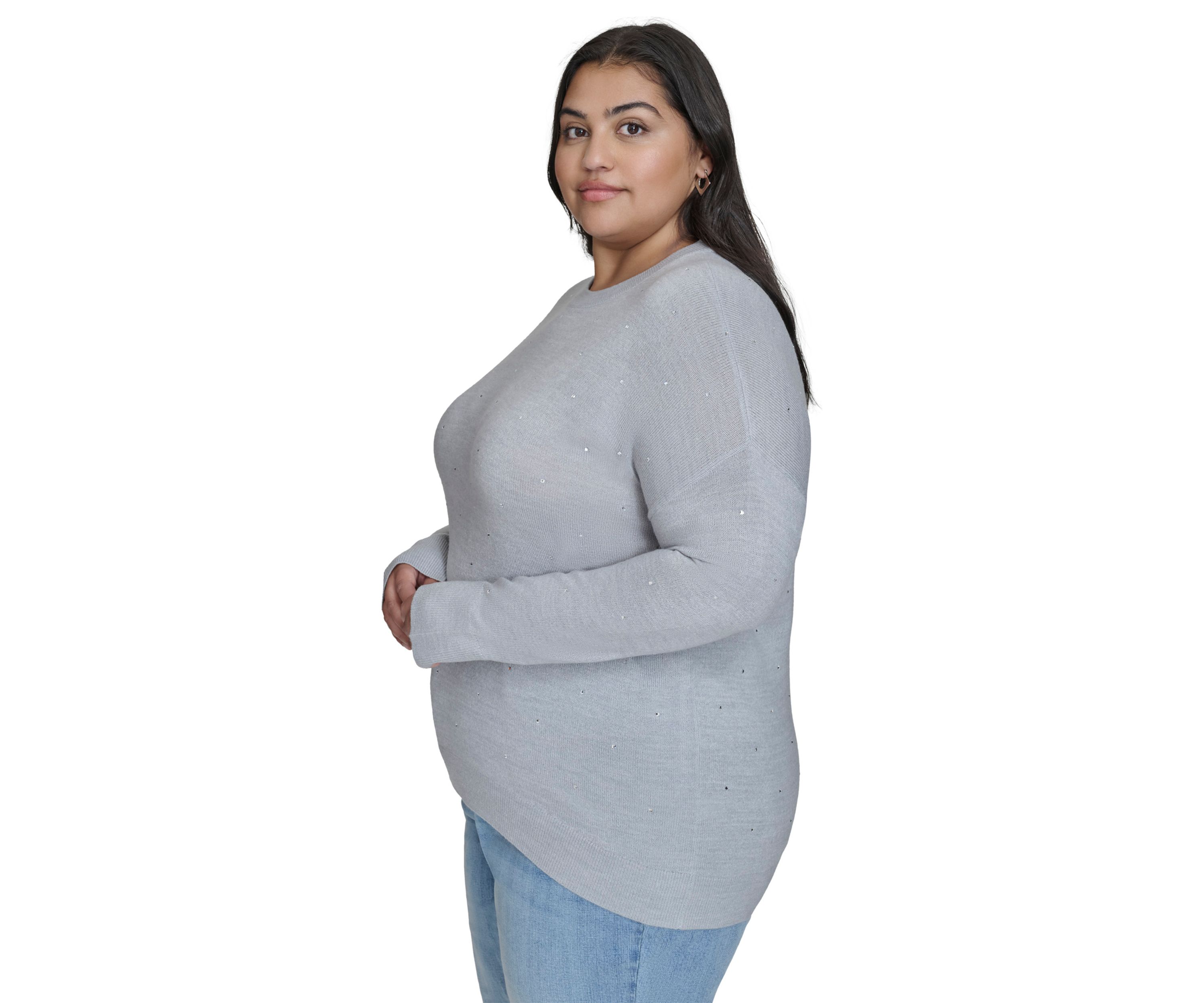 Plus Size Pearl Grey Rhinestone Curve Relaxed Sweater 