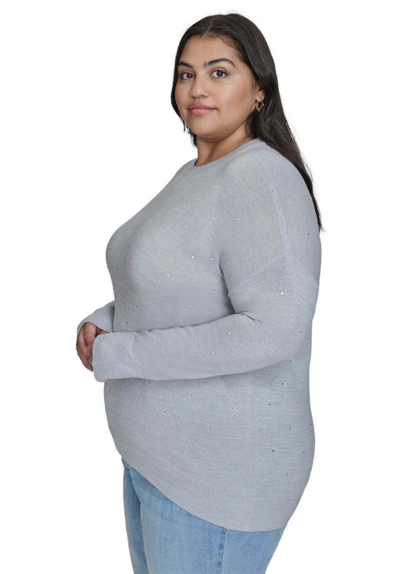 Plus Size Pearl Grey Rhinestone Curve Relaxed Sweater 