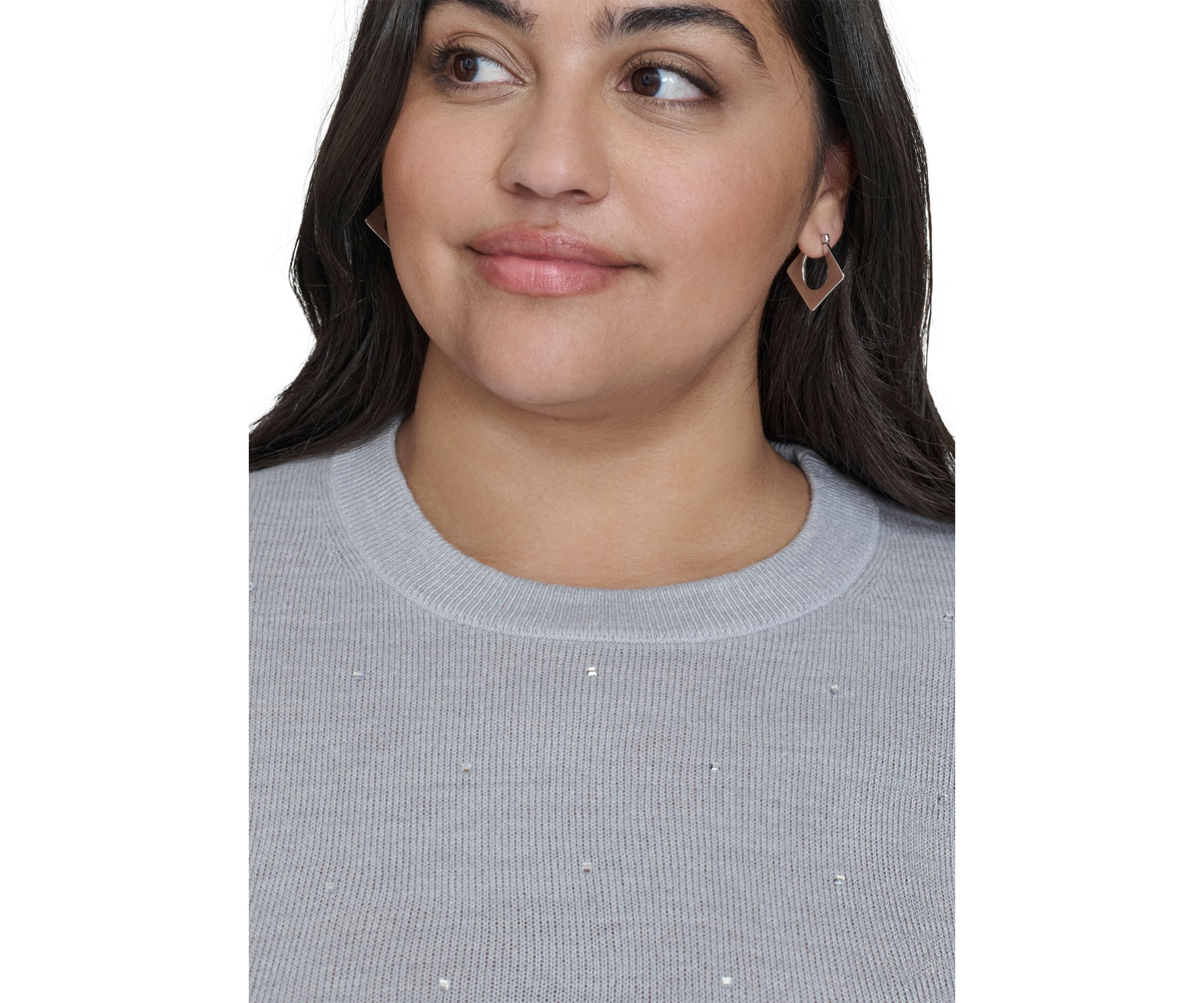 Plus Size Pearl Grey Rhinestone Curve Relaxed Sweater 