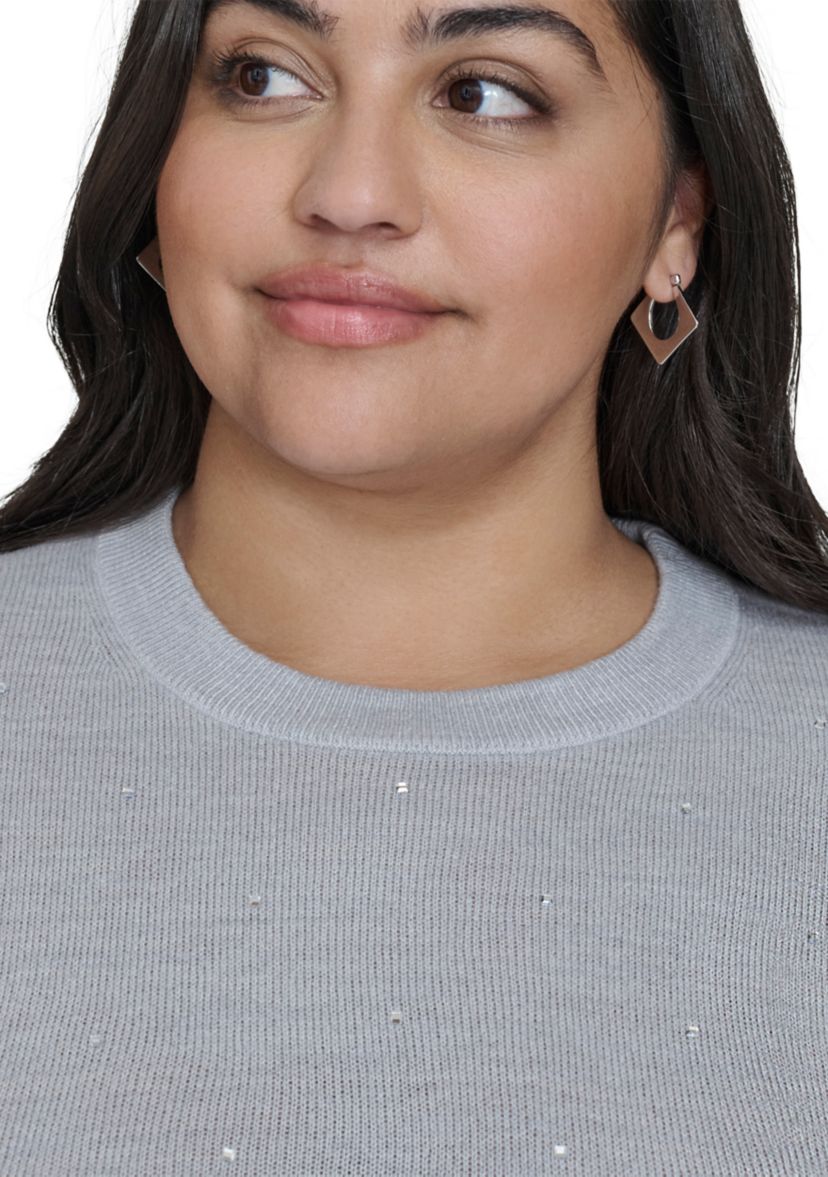 Plus Size Pearl Grey Rhinestone Curve Relaxed Sweater 