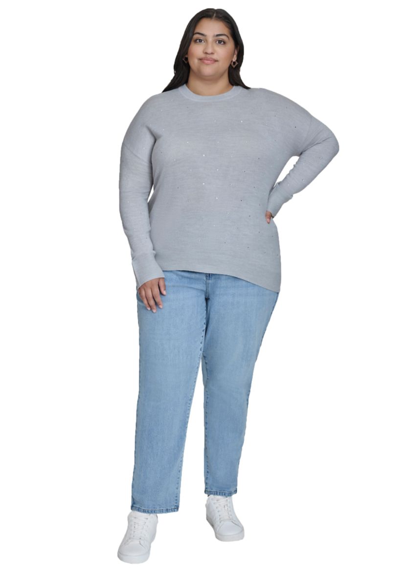 Plus Size Pearl Grey Rhinestone Curve Relaxed Sweater 