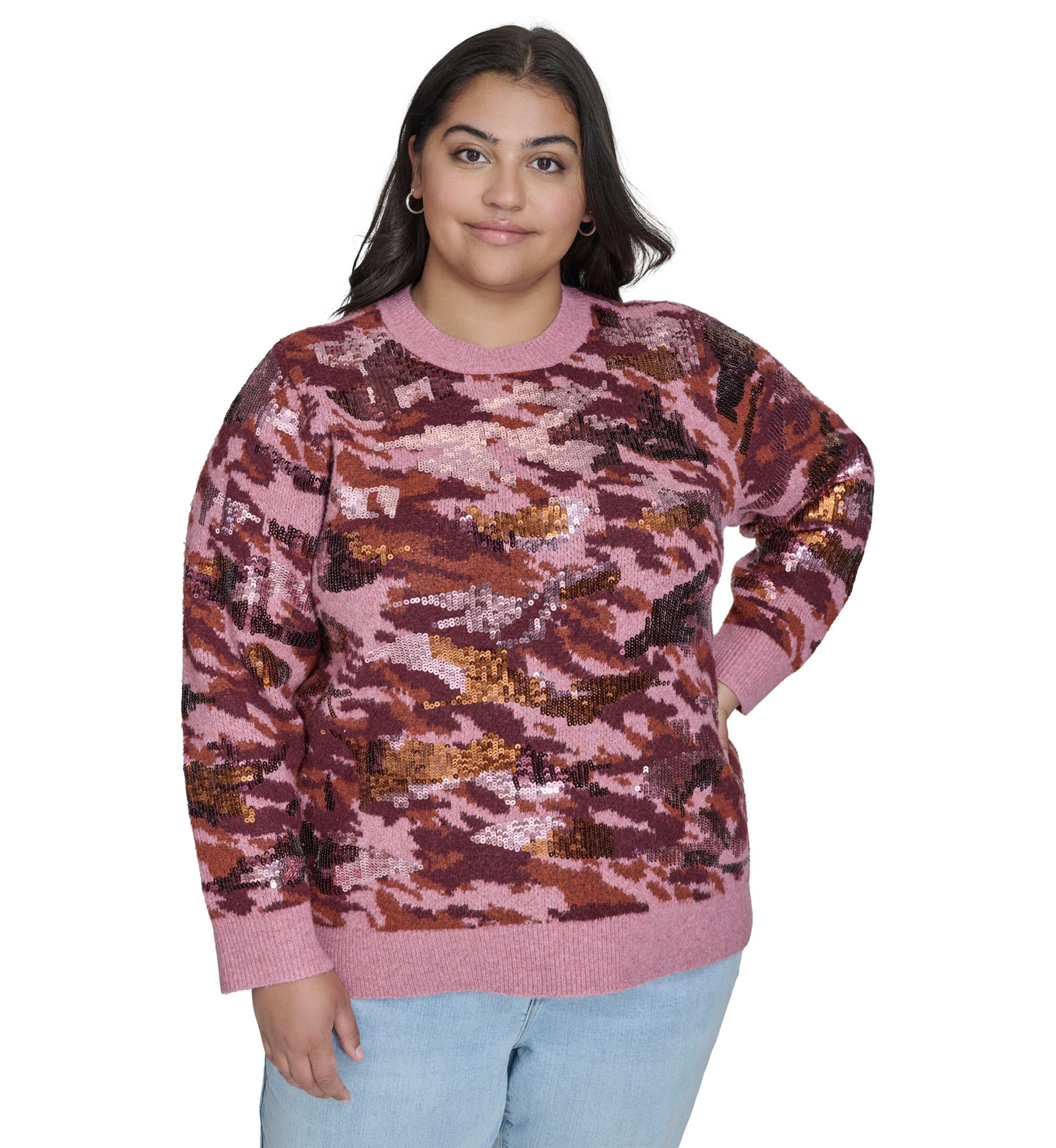 Plus Size Sequin Camo Crew Neck Pullover 