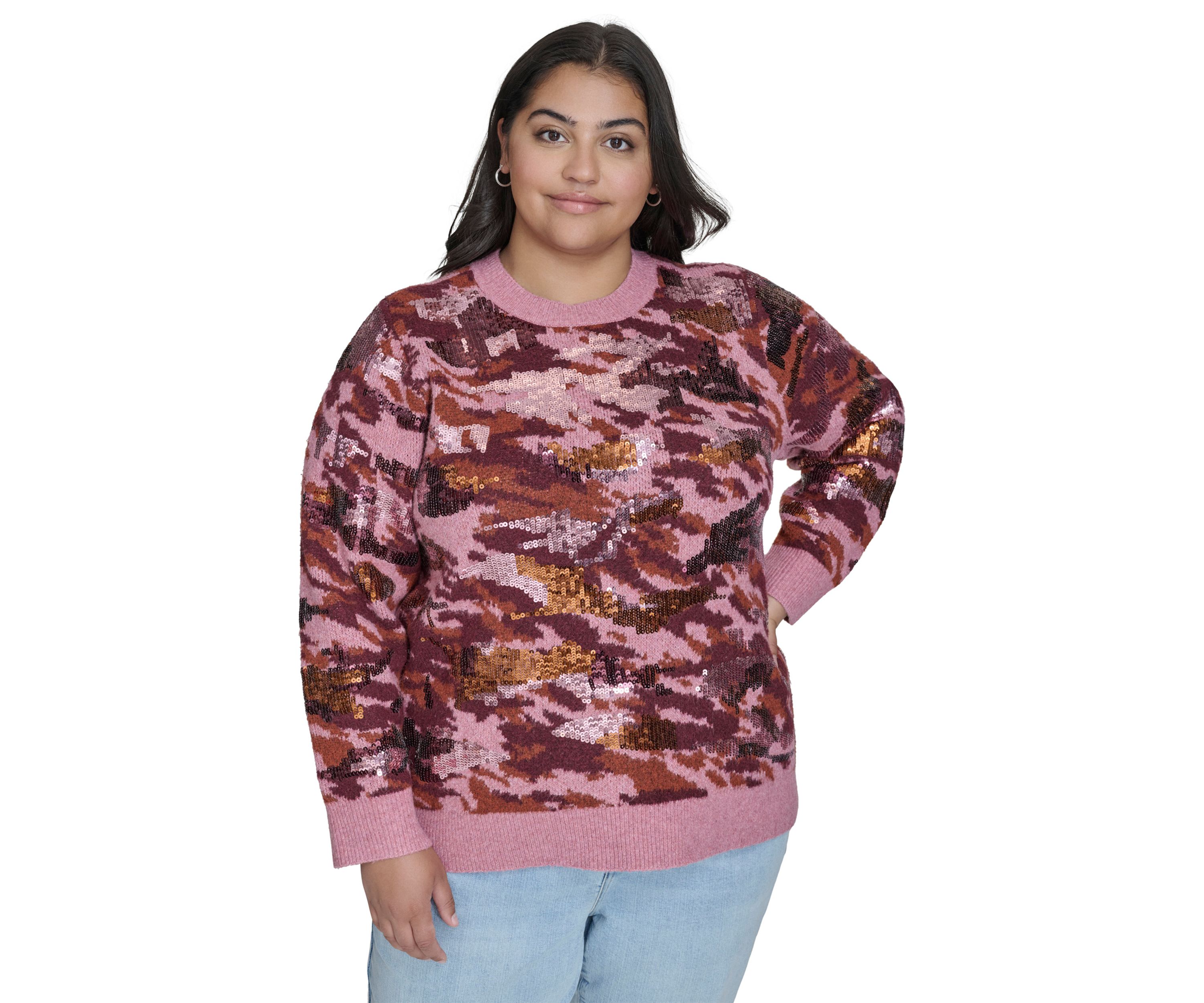 Plus Size Sequin Camo Crew Neck Pullover 