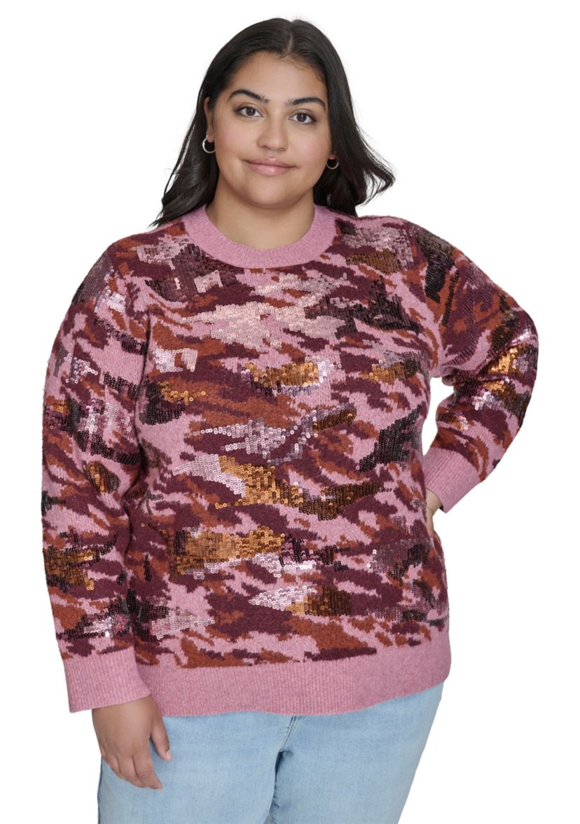 Plus Size Sequin Camo Crew Neck Pullover 