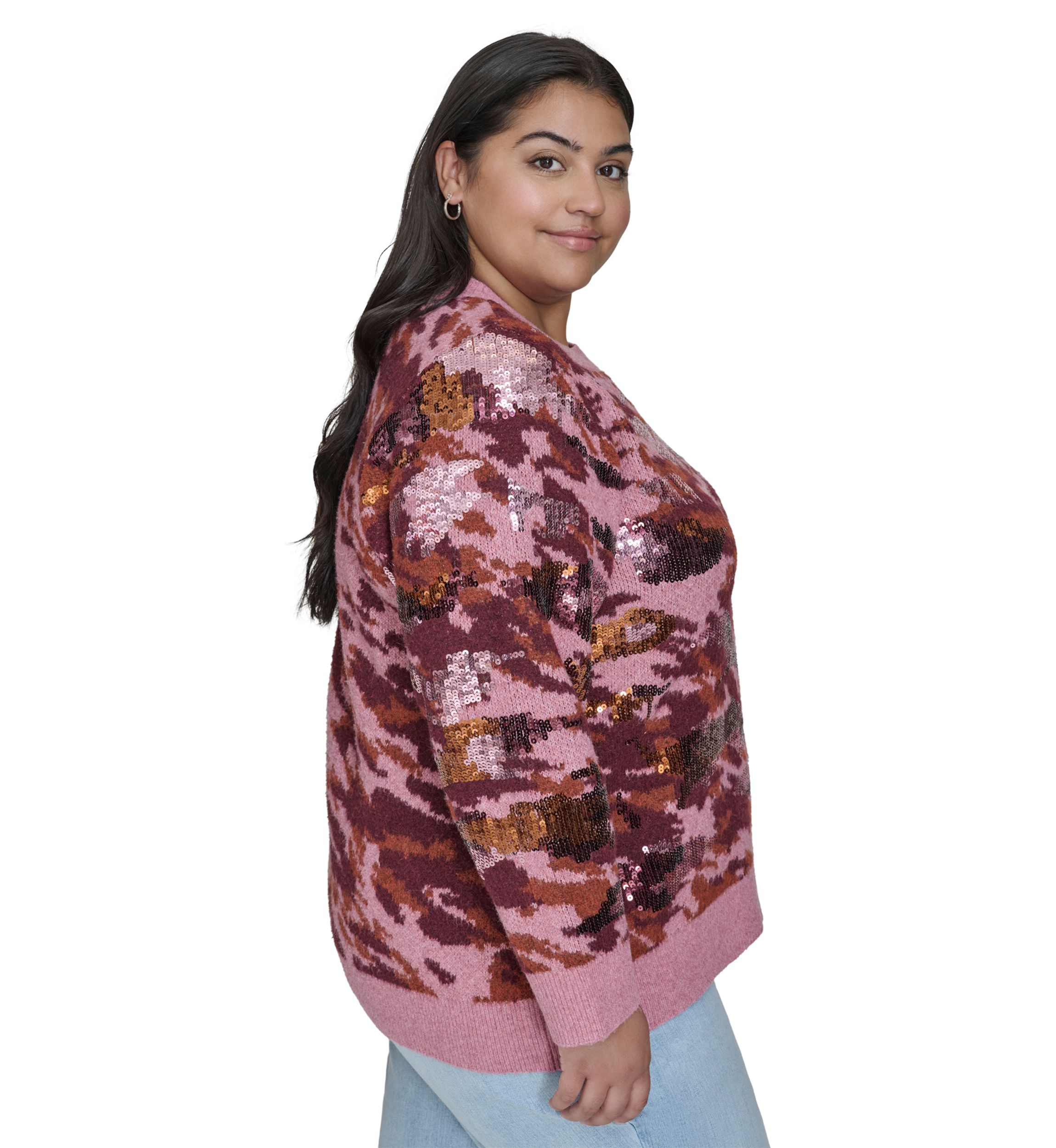 Plus Size Sequin Camo Crew Neck Pullover 