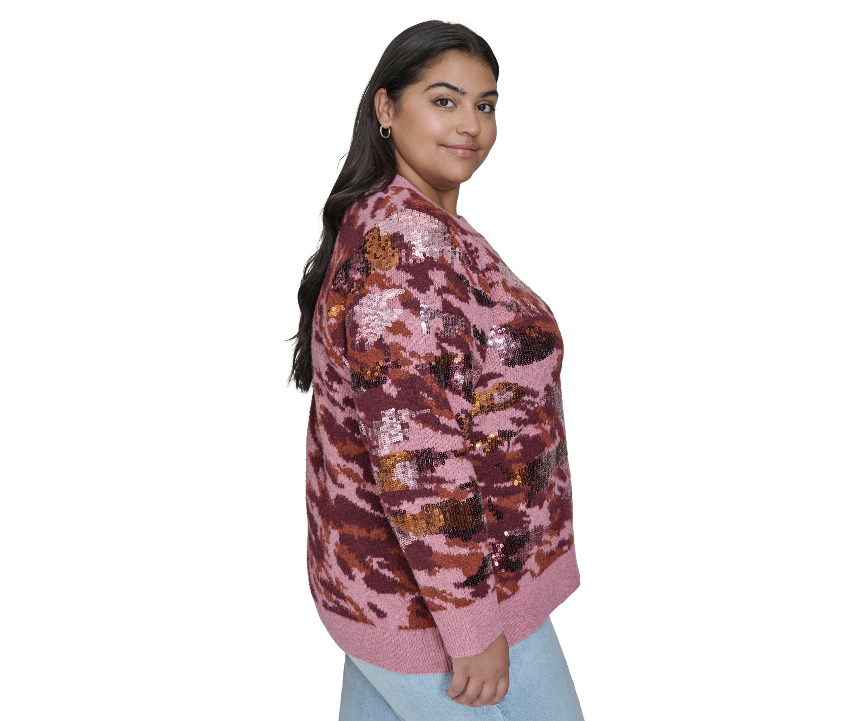Plus Size Sequin Camo Crew Neck Pullover 
