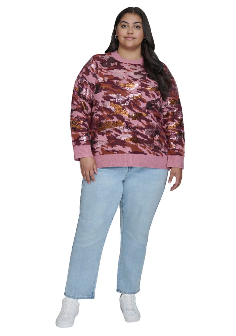Plus Size Sequin Camo Crew Neck Pullover 