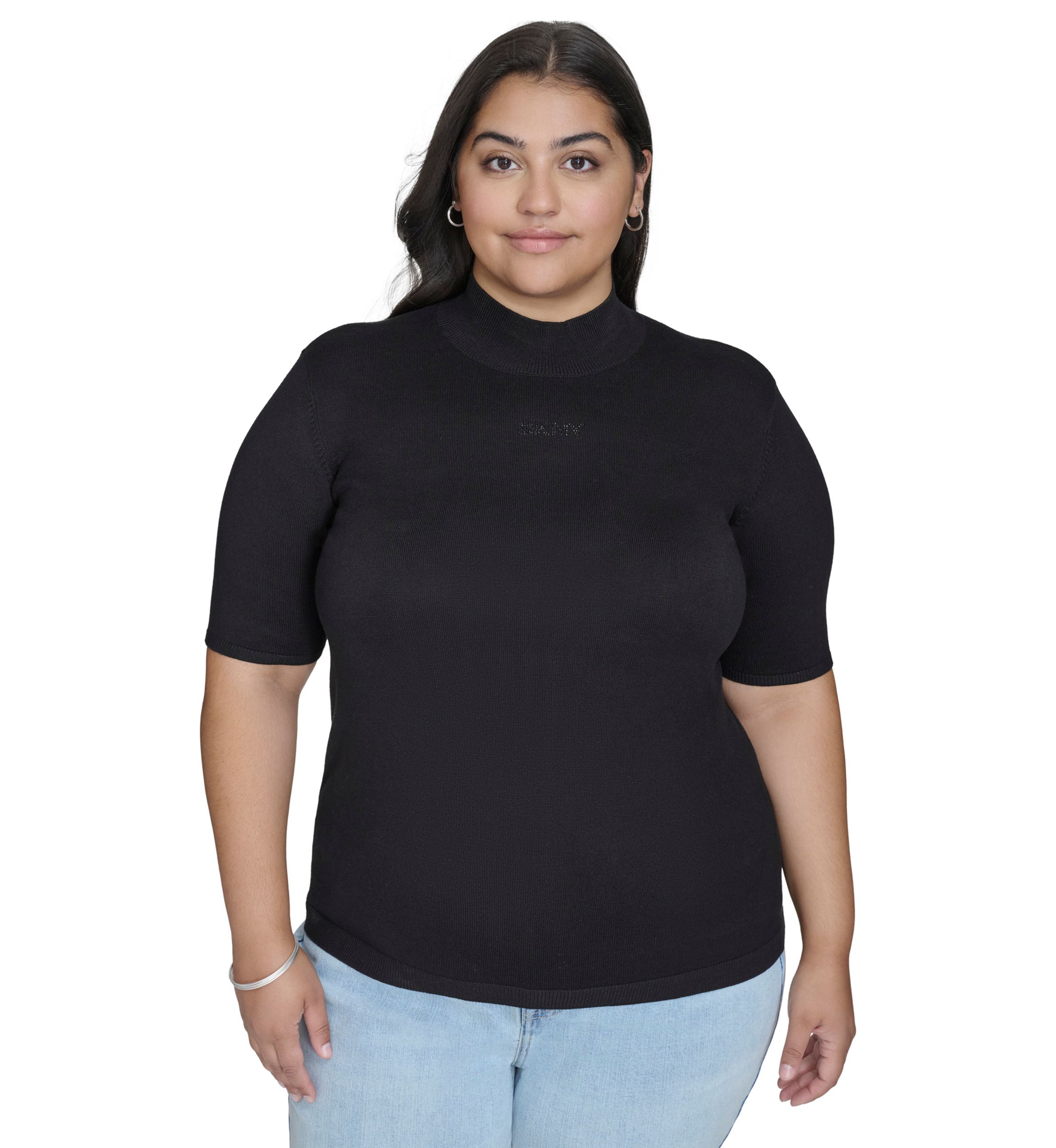 Plus Size Short Sleeve Hotfix Logo Mock Neck Sweater