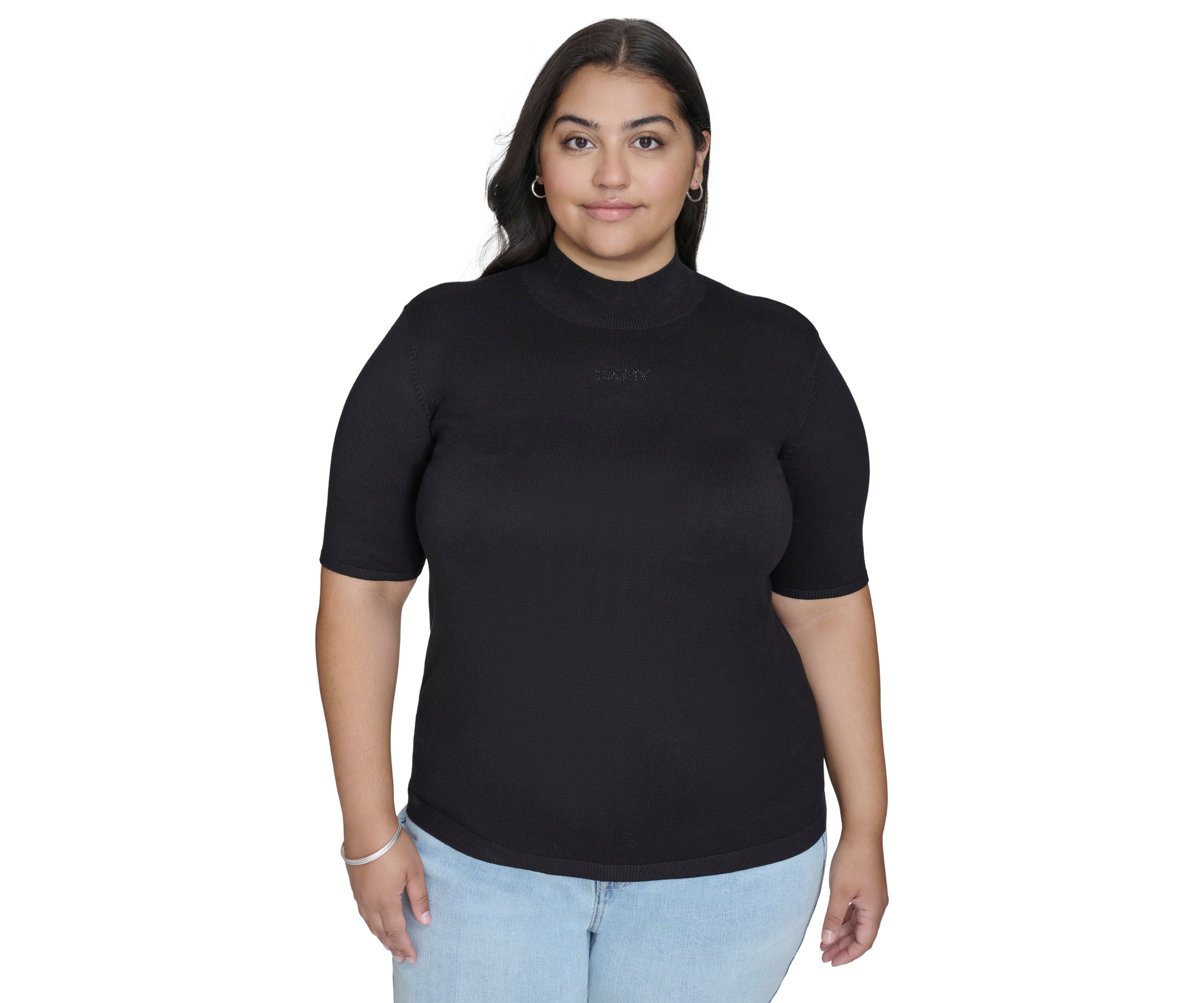 Plus Size Short Sleeve Hotfix Logo Mock Neck Sweater