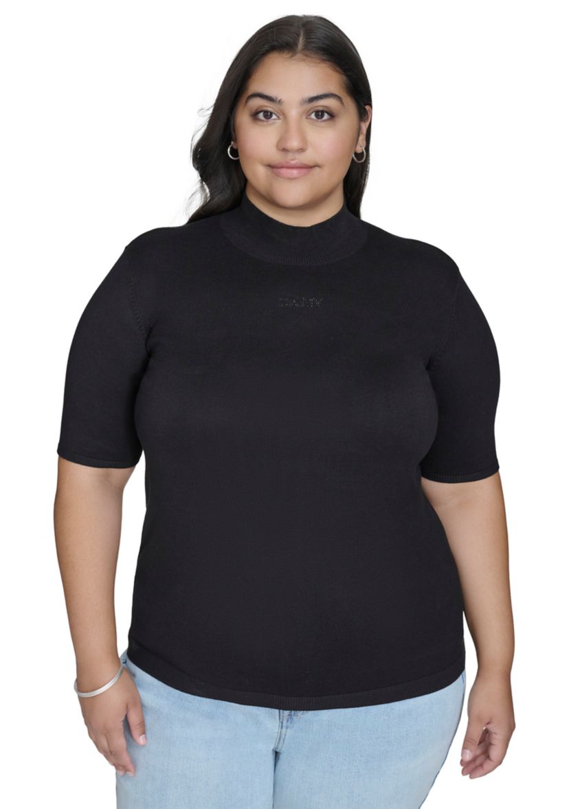 Plus Size Short Sleeve Hotfix Logo Mock Neck Sweater