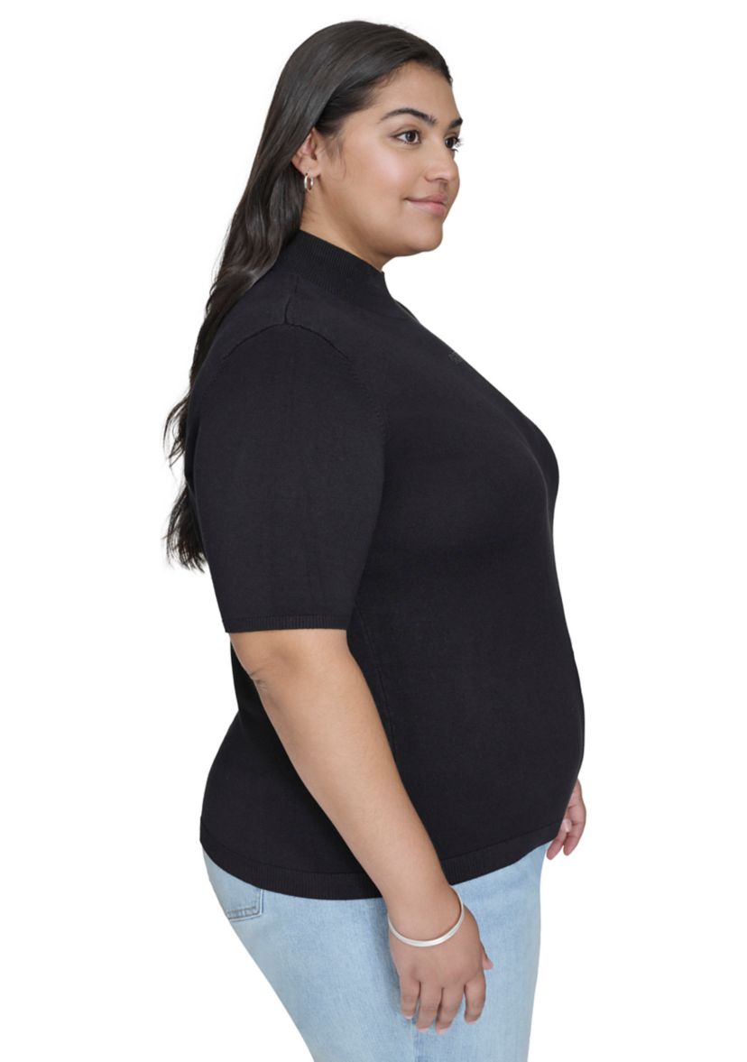 Plus Size Short Sleeve Hotfix Logo Mock Neck Sweater