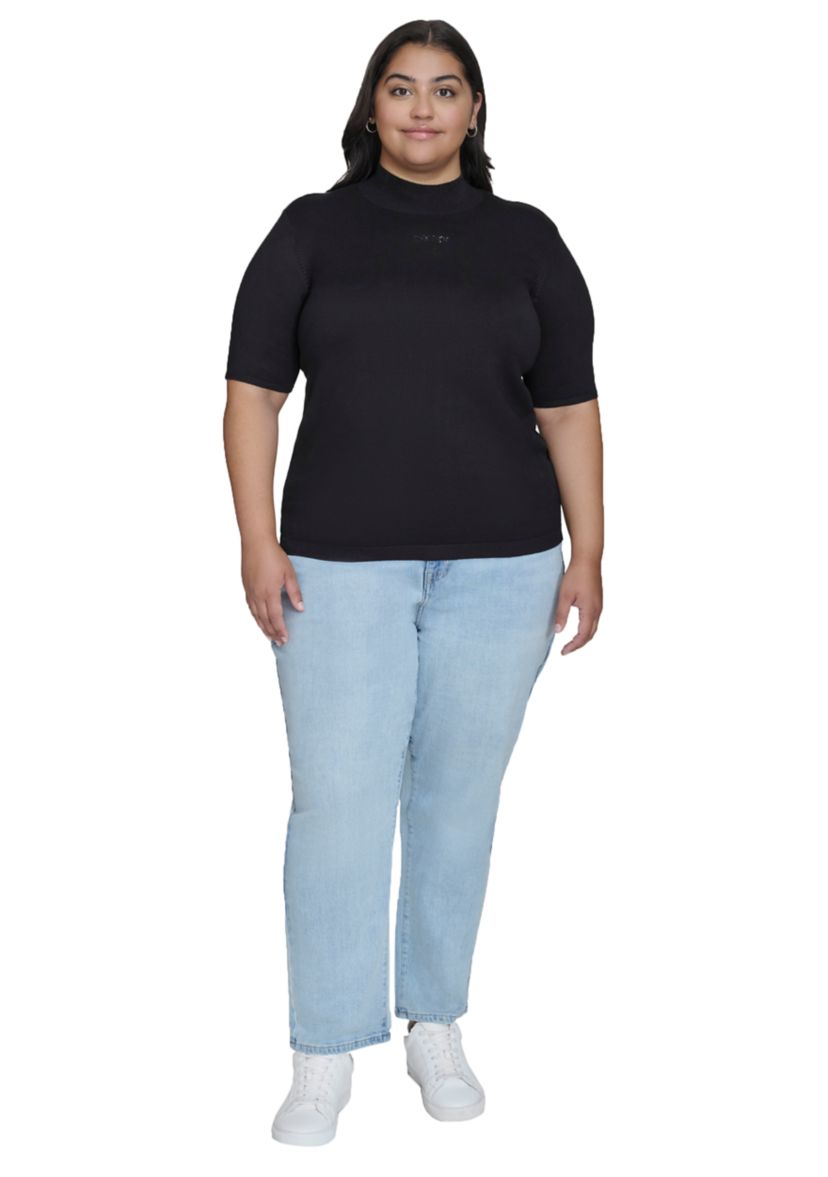 Plus Size Short Sleeve Hotfix Logo Mock Neck Sweater