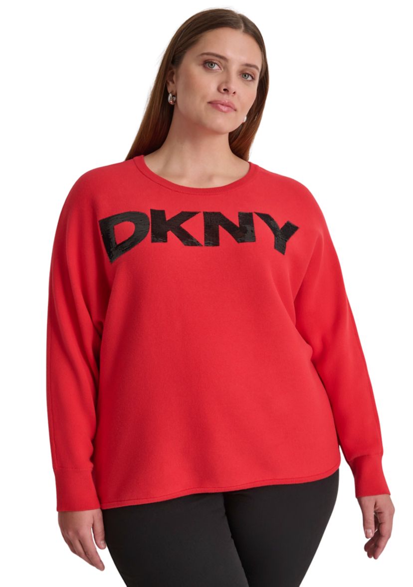 Plus Size Dolman Sleeve Sequin Logo Sweater 