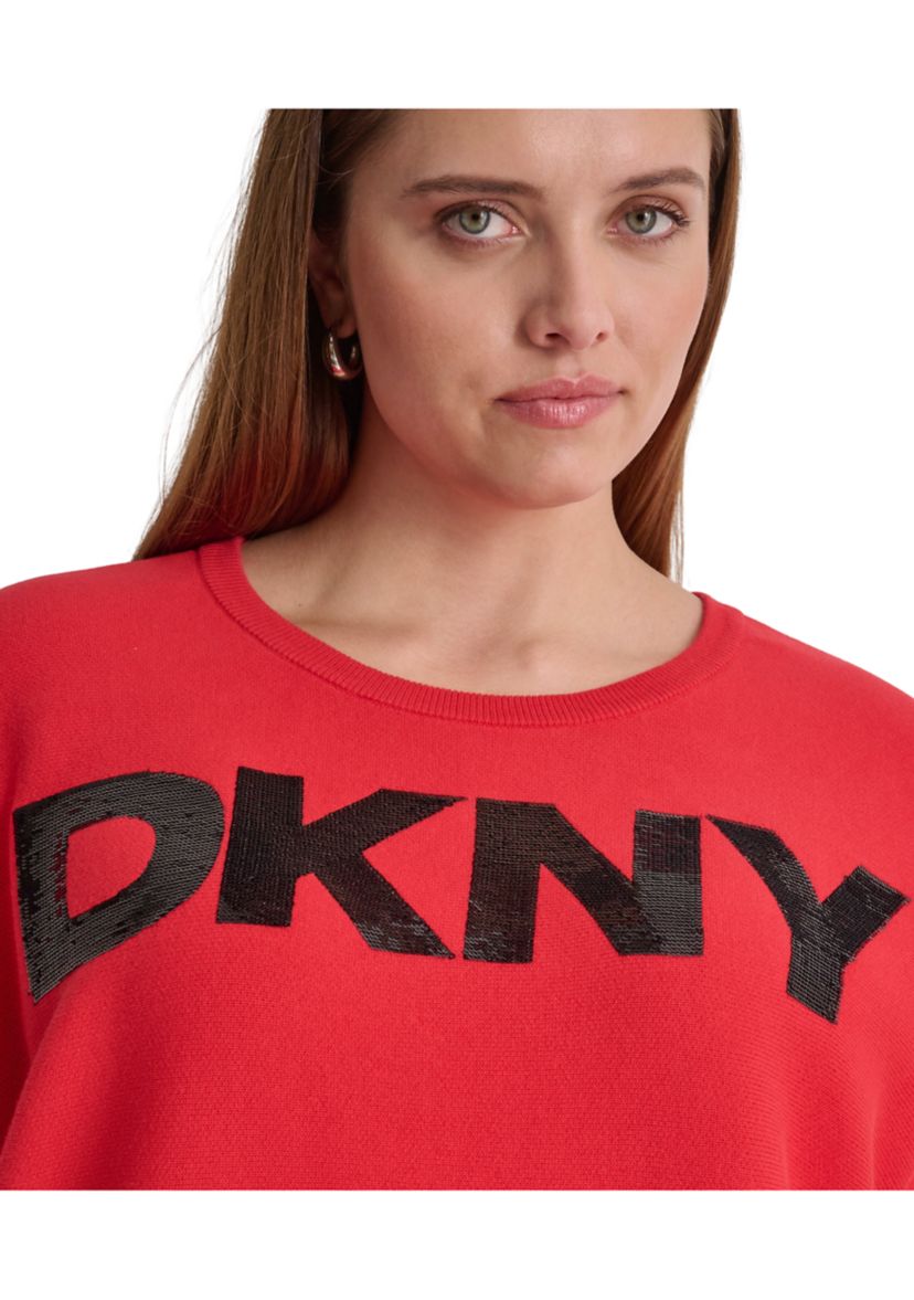 Plus Size Dolman Sleeve Sequin Logo Sweater 