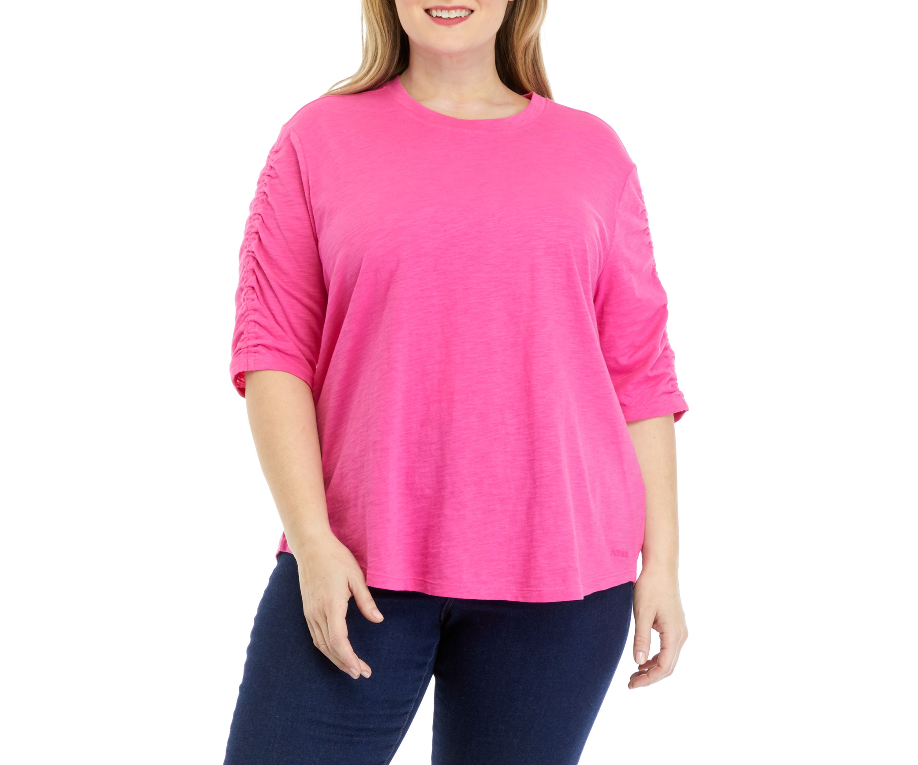 Plus Size Solid Ruched Sleeve T-Shirt