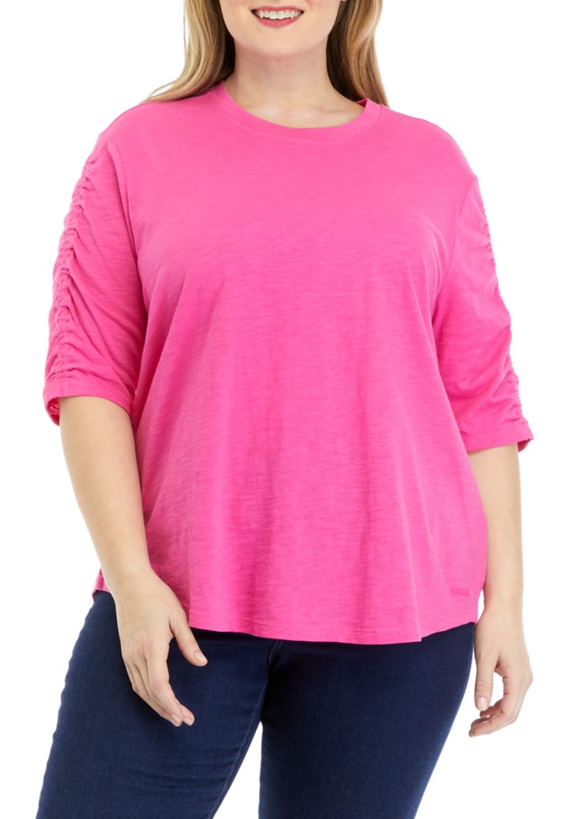 Plus Size Solid Ruched Sleeve T-Shirt