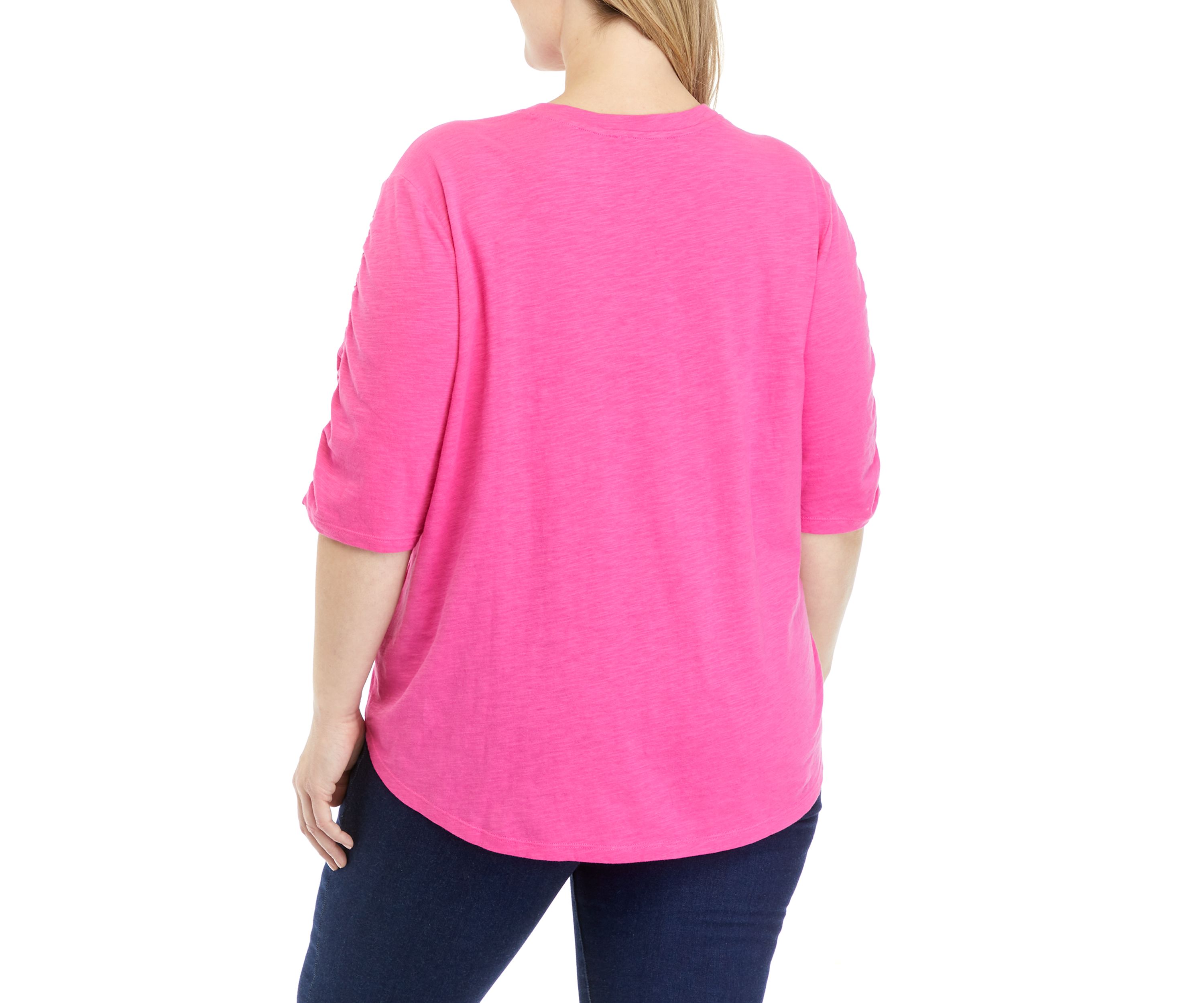 Plus Size Solid Ruched Sleeve T-Shirt