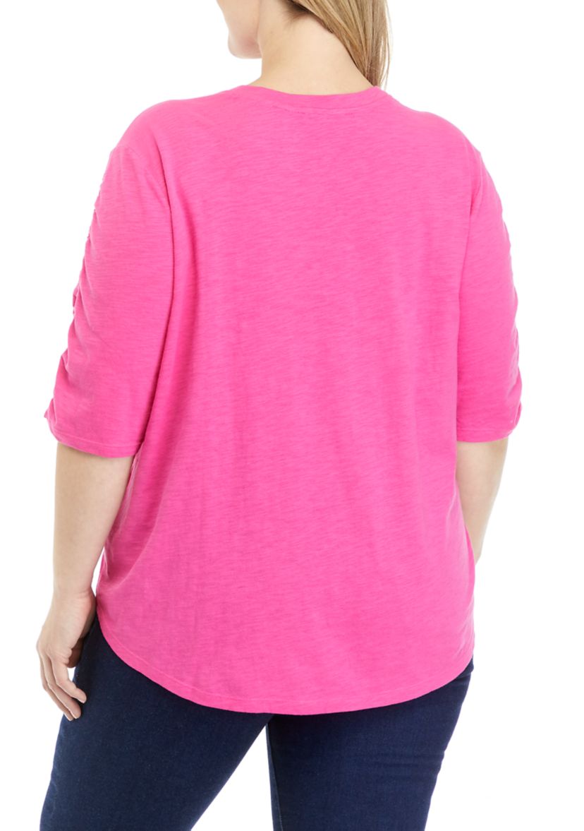 Plus Size Solid Ruched Sleeve T-Shirt