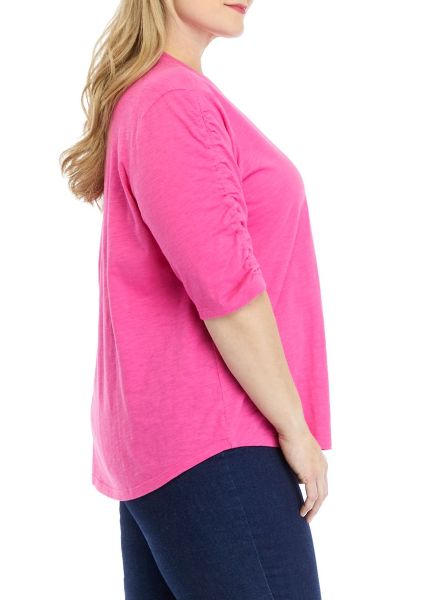Plus Size Solid Ruched Sleeve T-Shirt