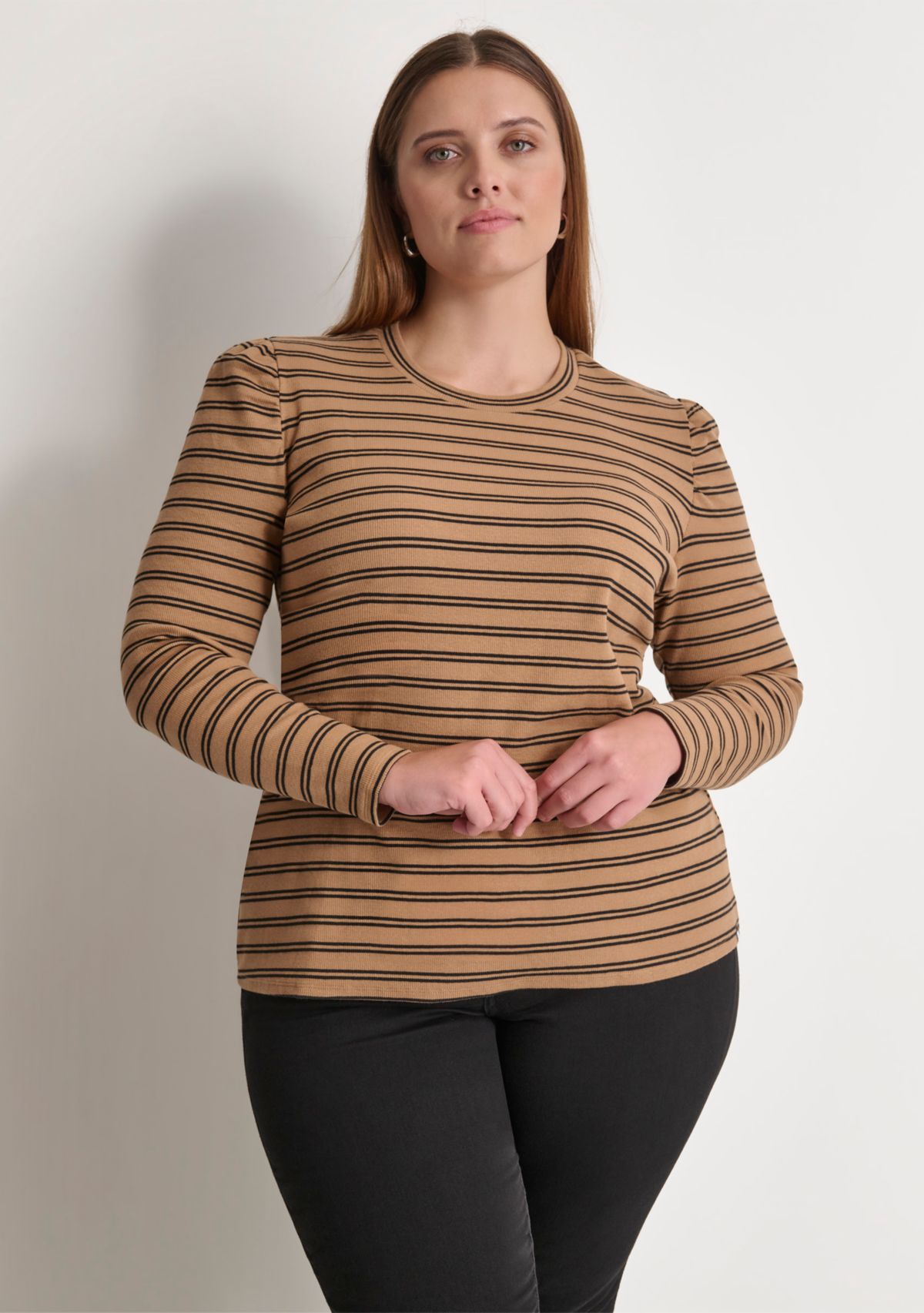 Plus Size Long Puff Sleeve Striped Top 