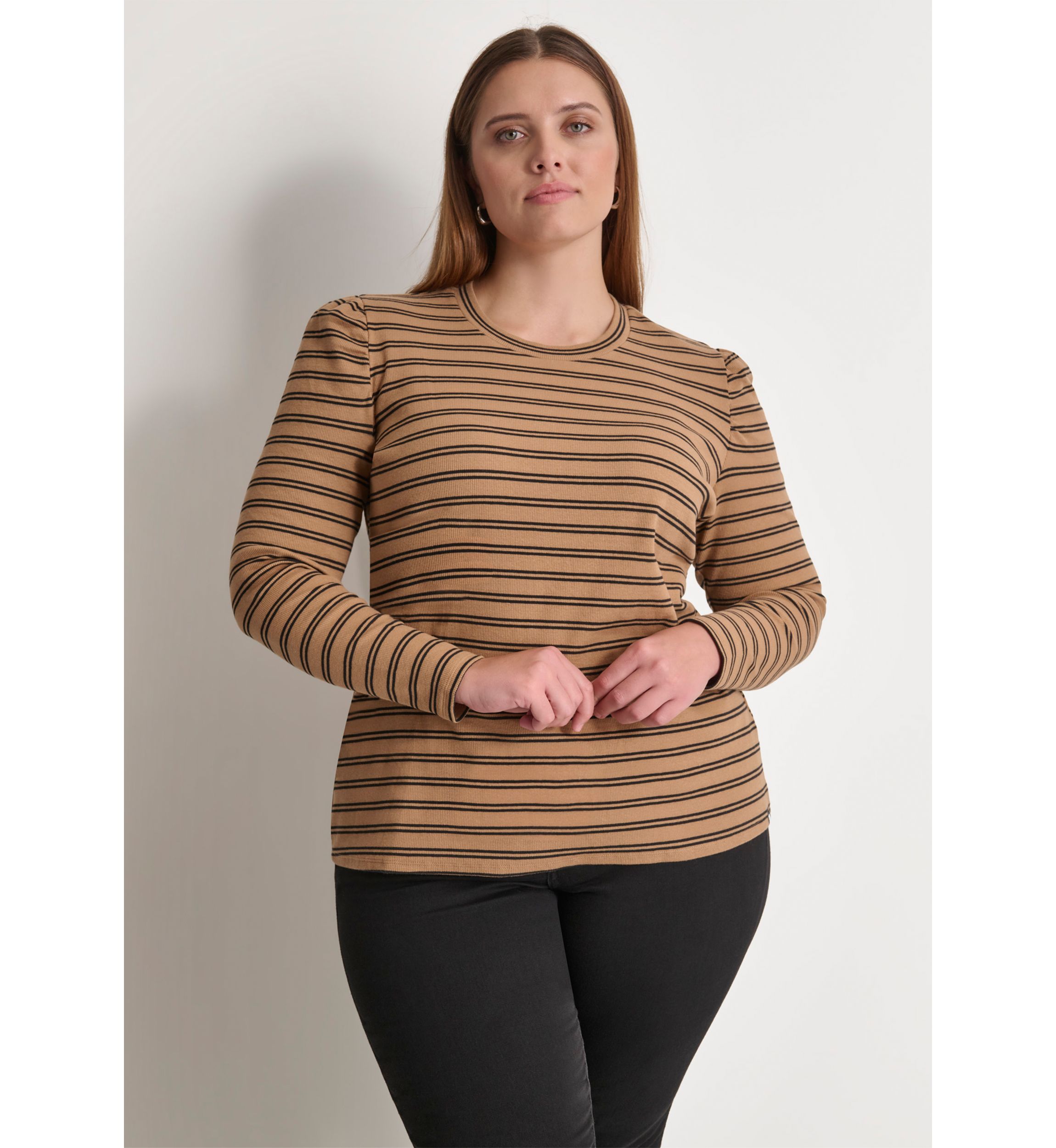 Plus Size Long Puff Sleeve Striped Top 