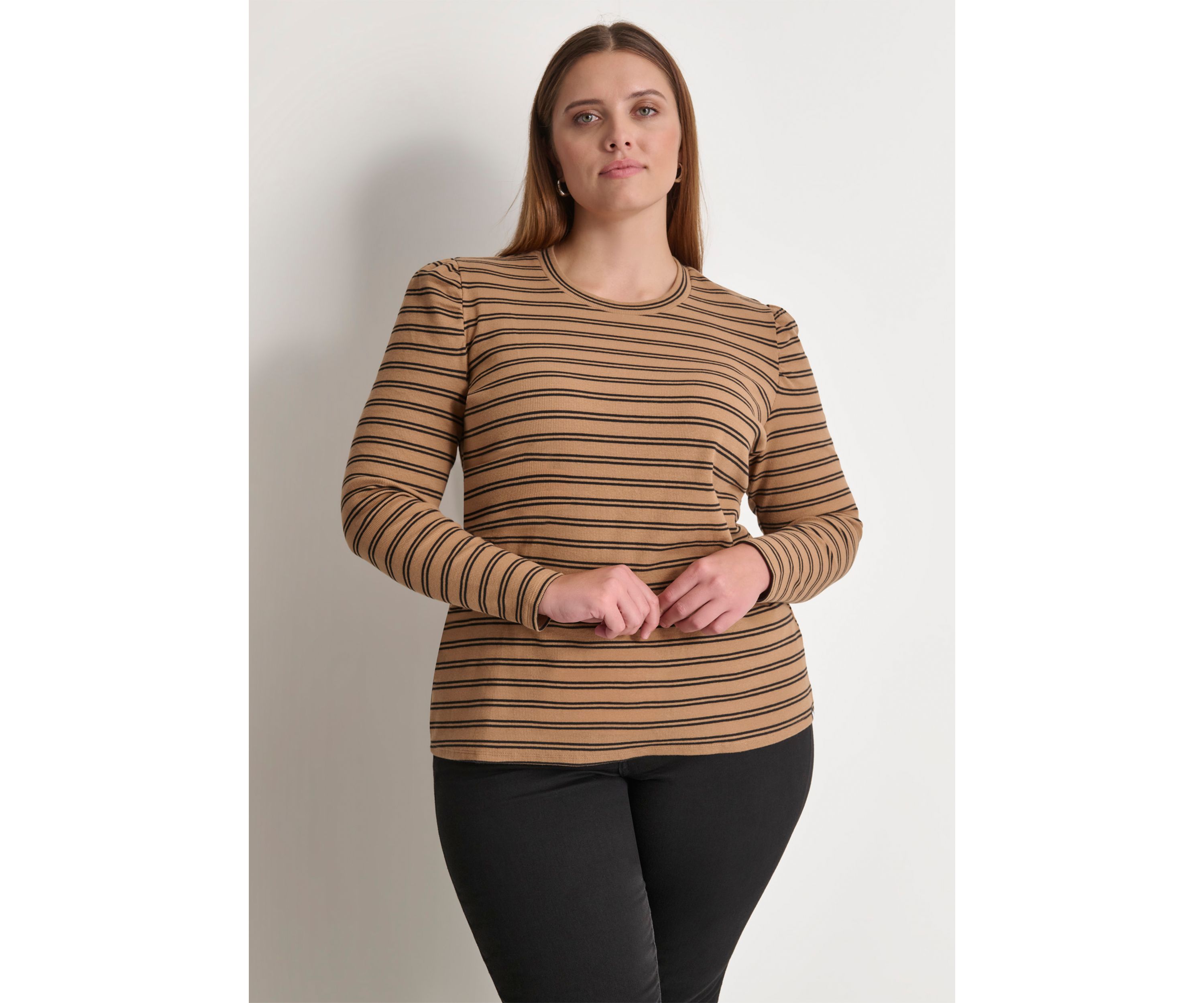 Plus Size Long Puff Sleeve Striped Top 