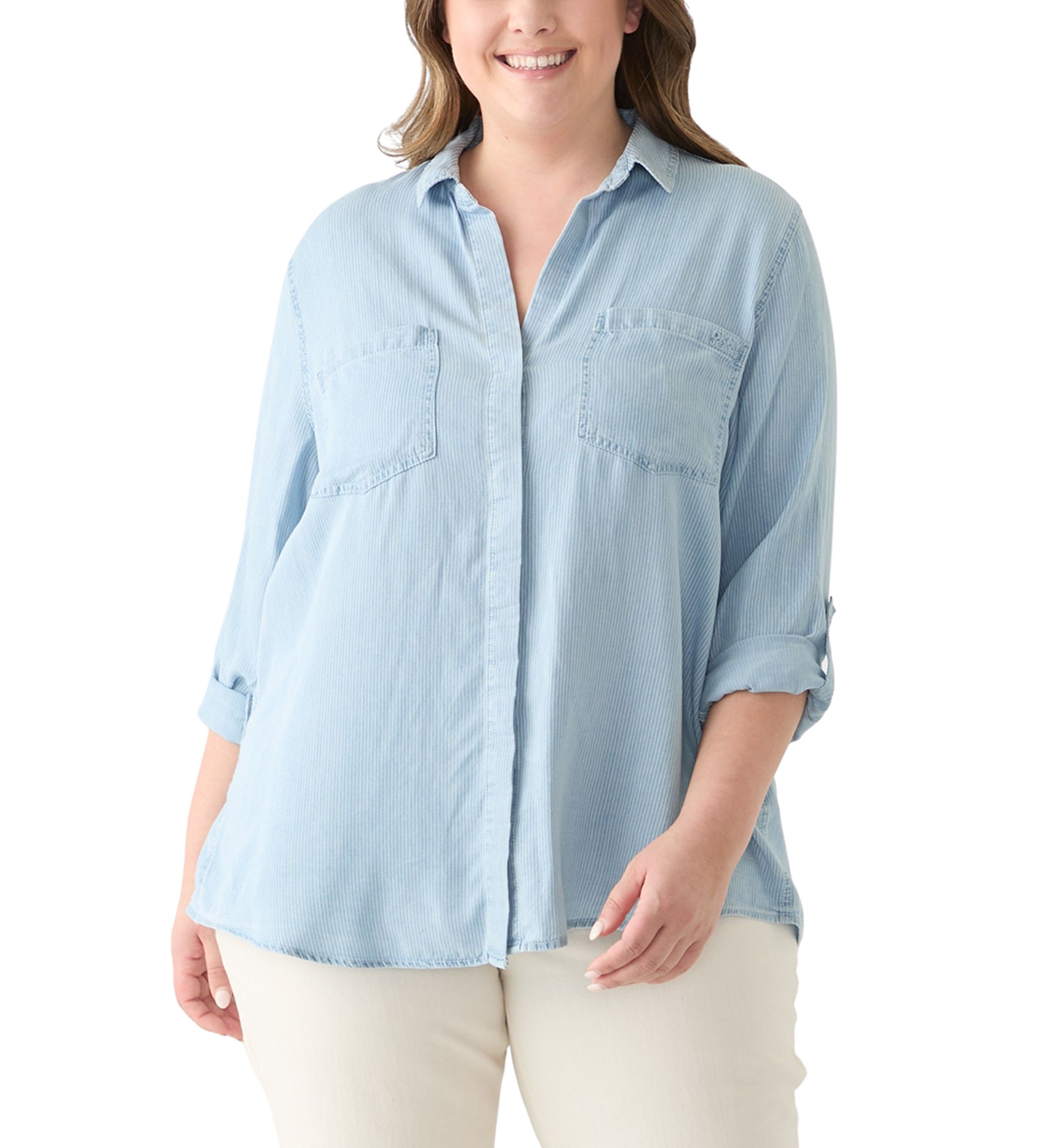 Plus Size Garment Dyed Split Back Button Front Shirt