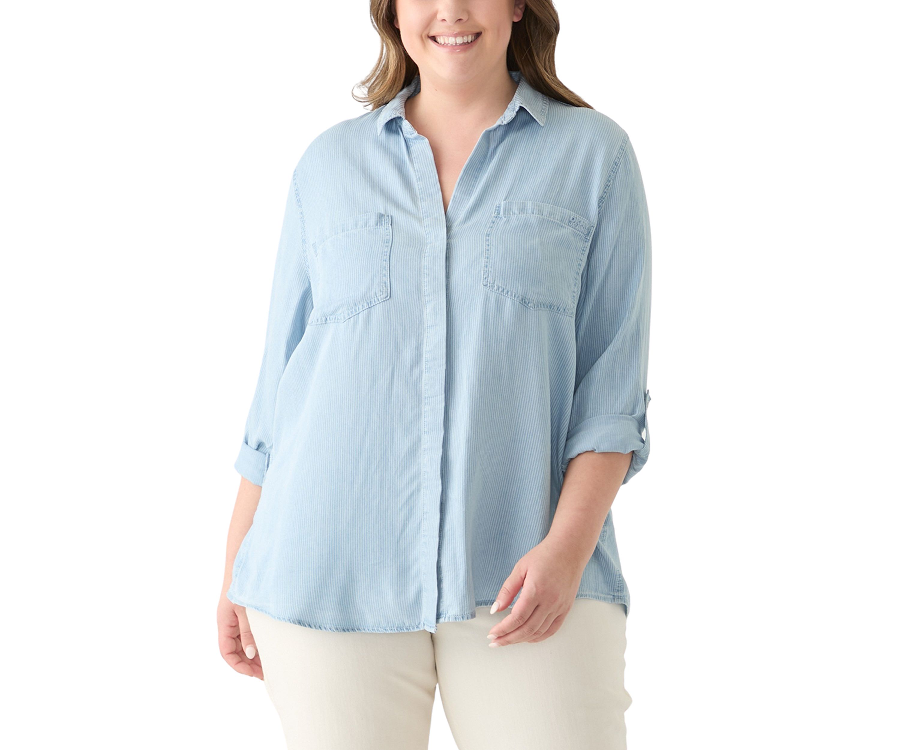 Plus Size Garment Dyed Split Back Button Front Shirt
