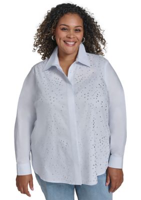 DKNY Women's Plus Size Long Sleeve Button Front Shirt, 3X