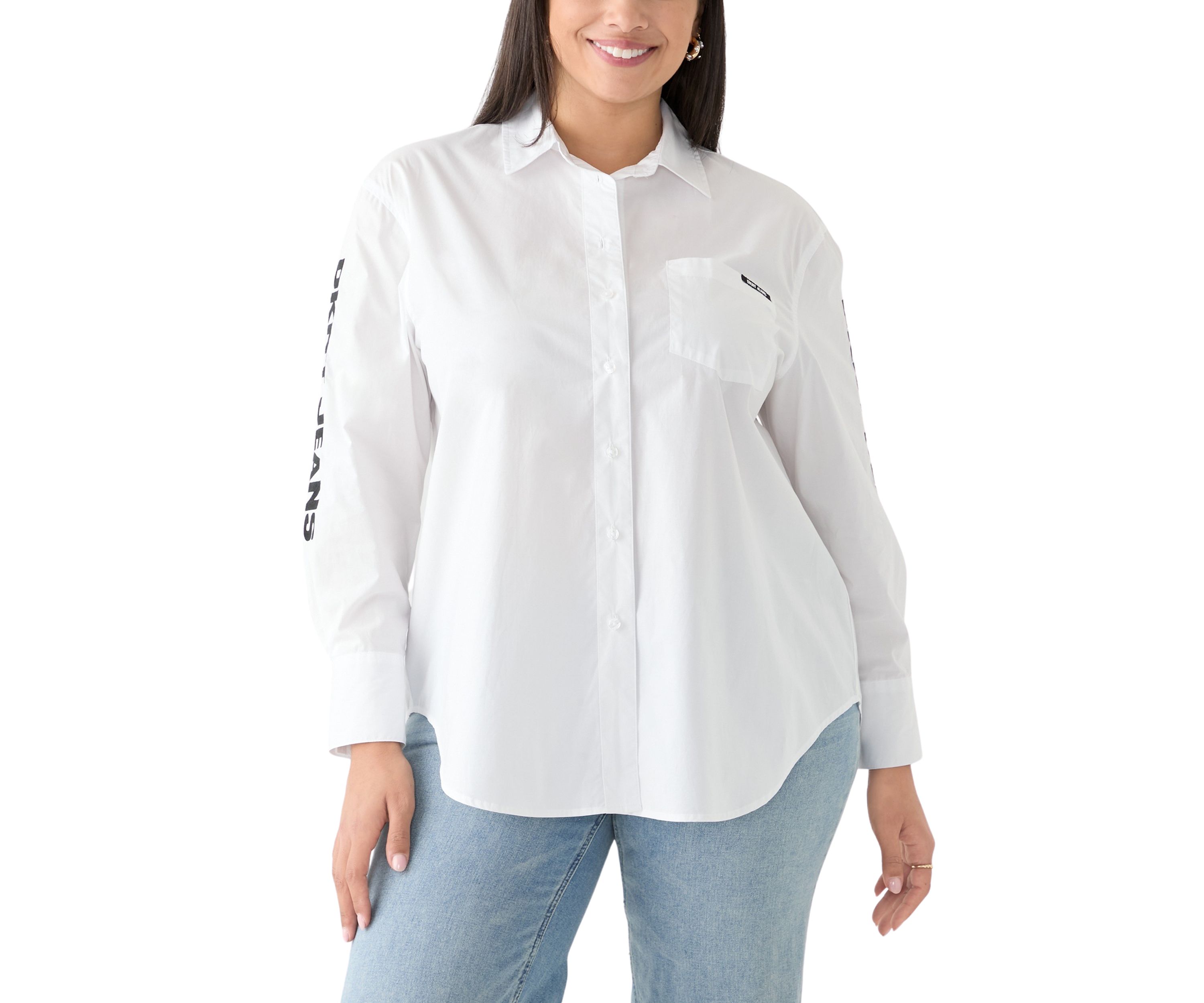 Plus Size Long Sleeve Button Front Poplin Shirt with Logo