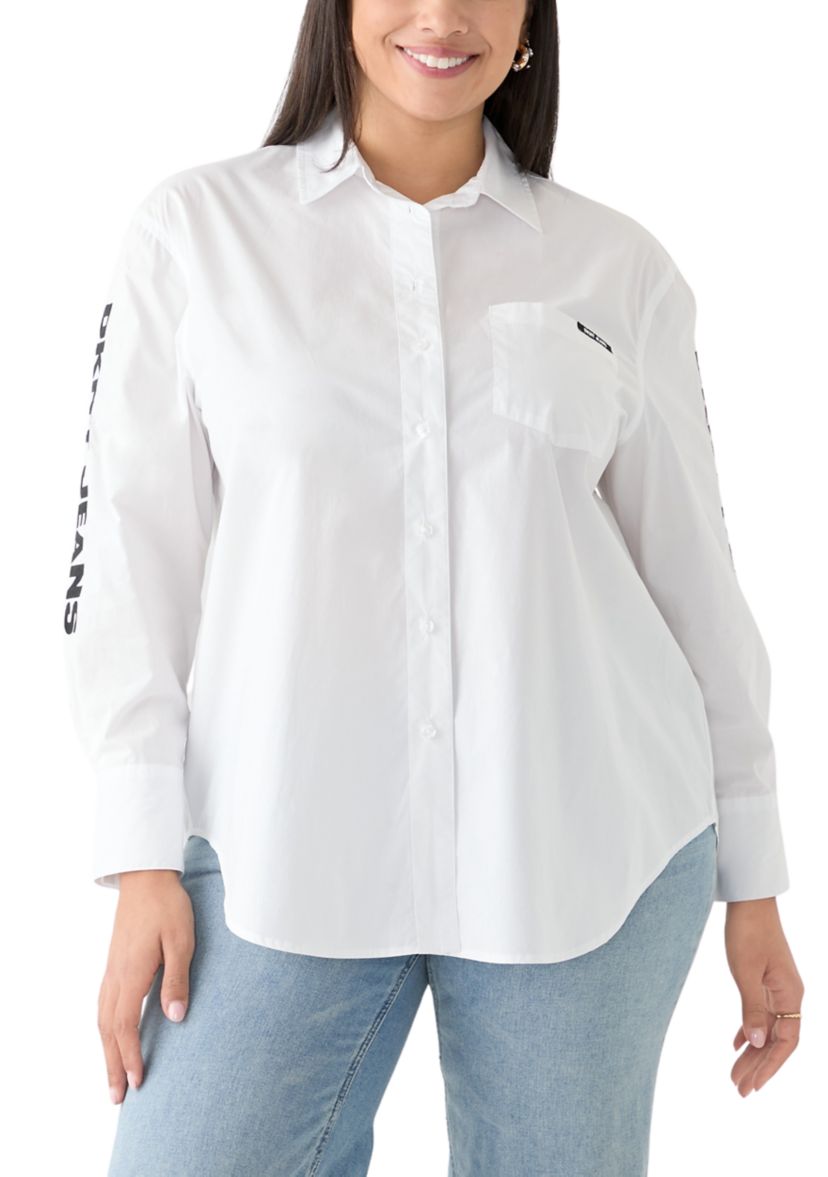 Plus Size Long Sleeve Button Front Poplin Shirt with Logo