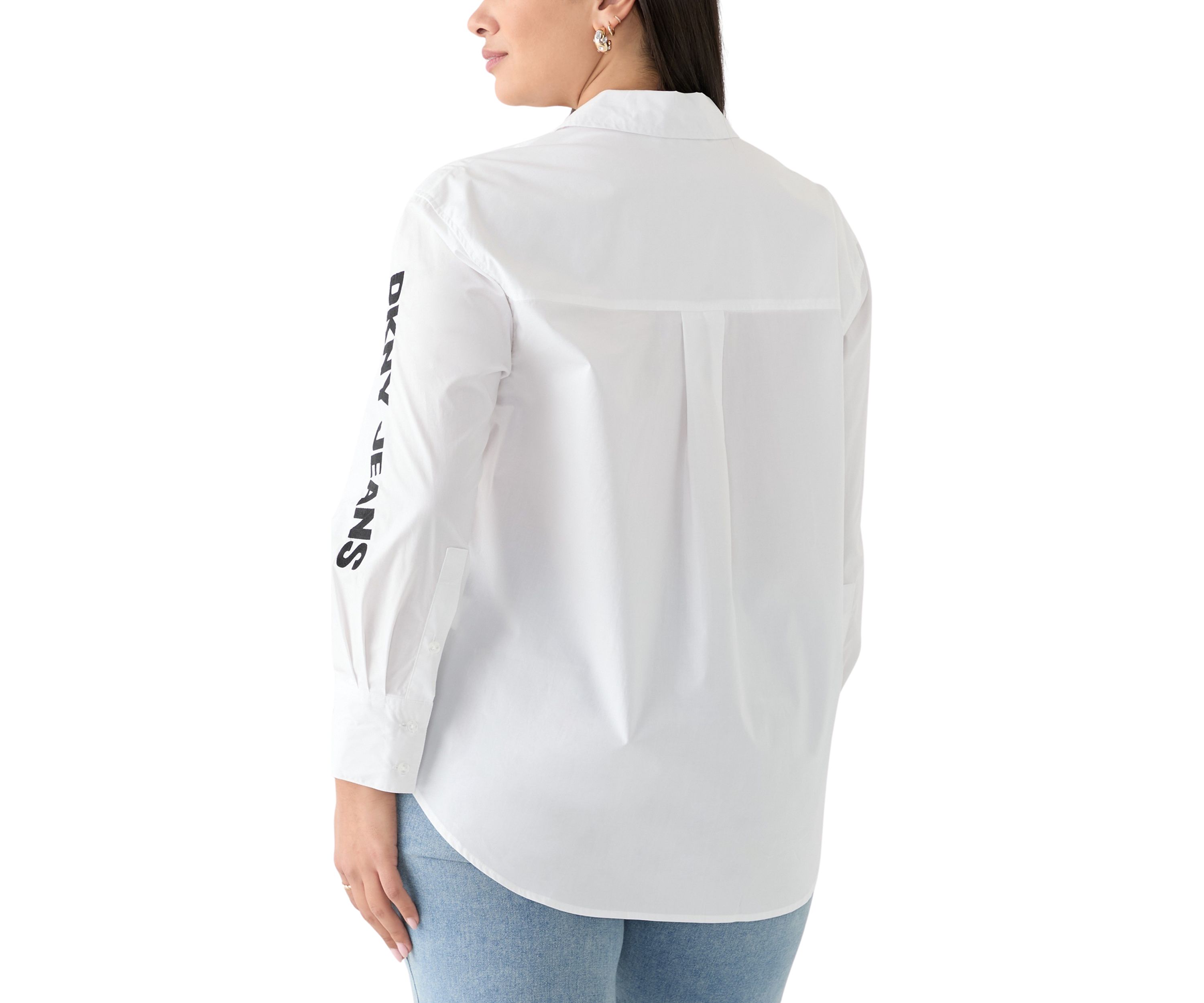 Plus Size Long Sleeve Button Front Poplin Shirt with Logo