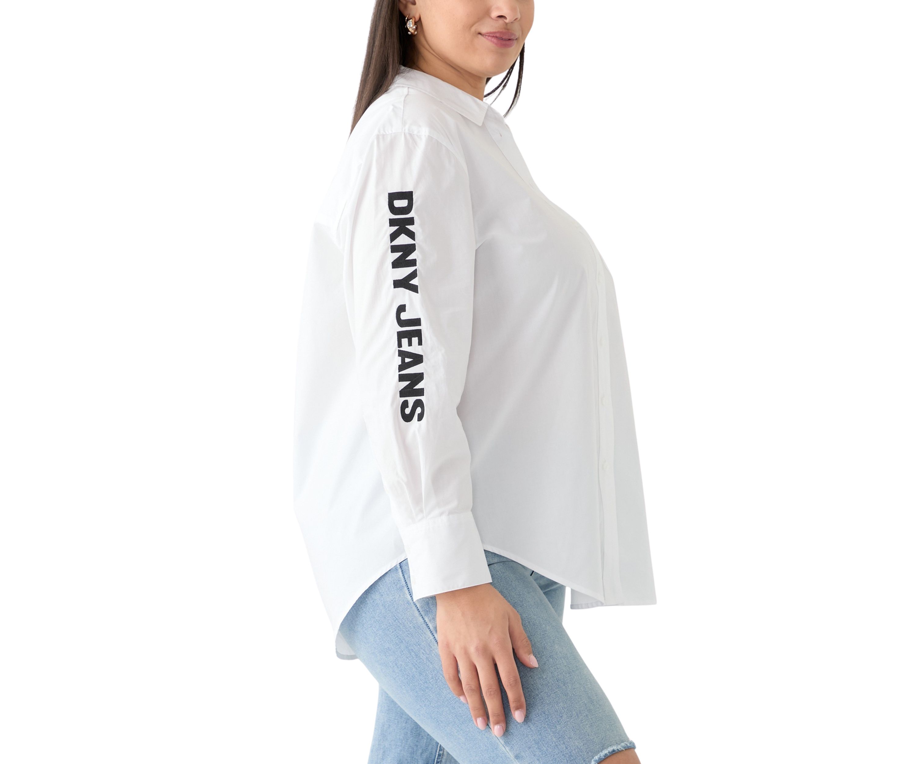 Plus Size Long Sleeve Button Front Poplin Shirt with Logo
