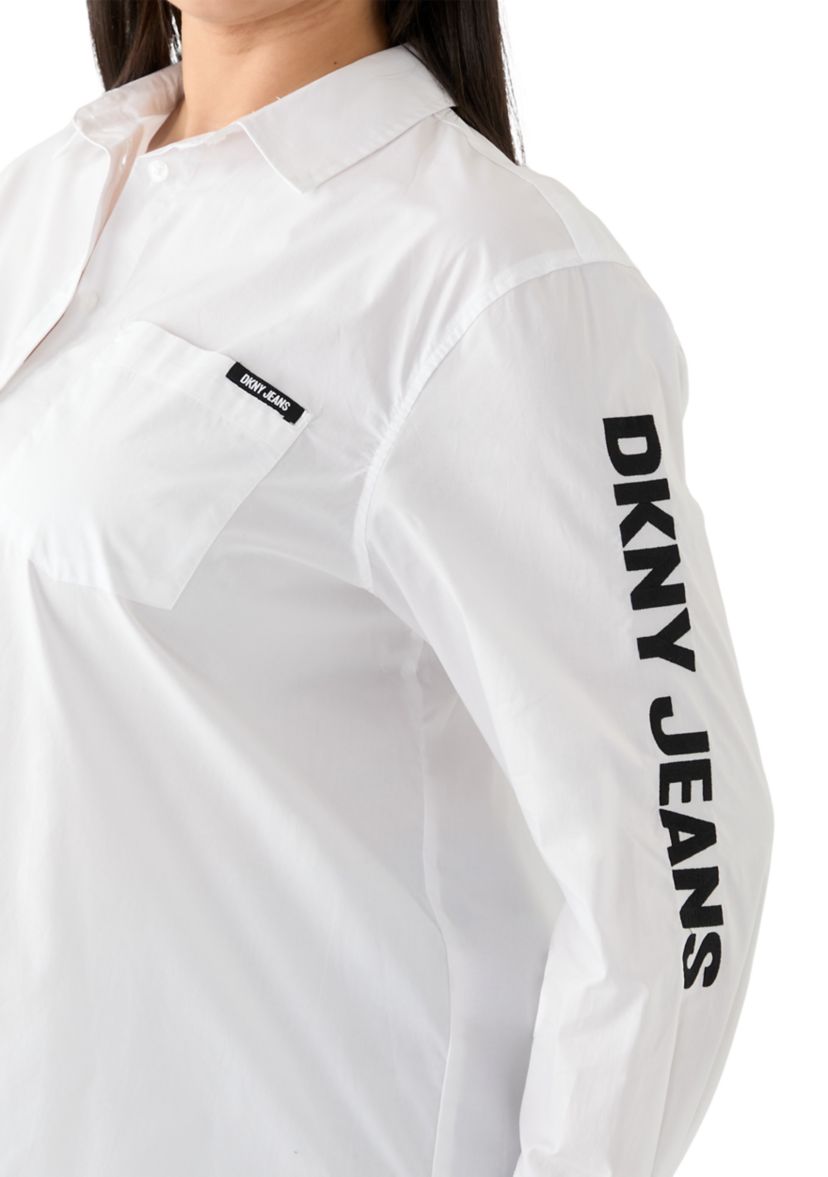 Plus Size Long Sleeve Button Front Poplin Shirt with Logo
