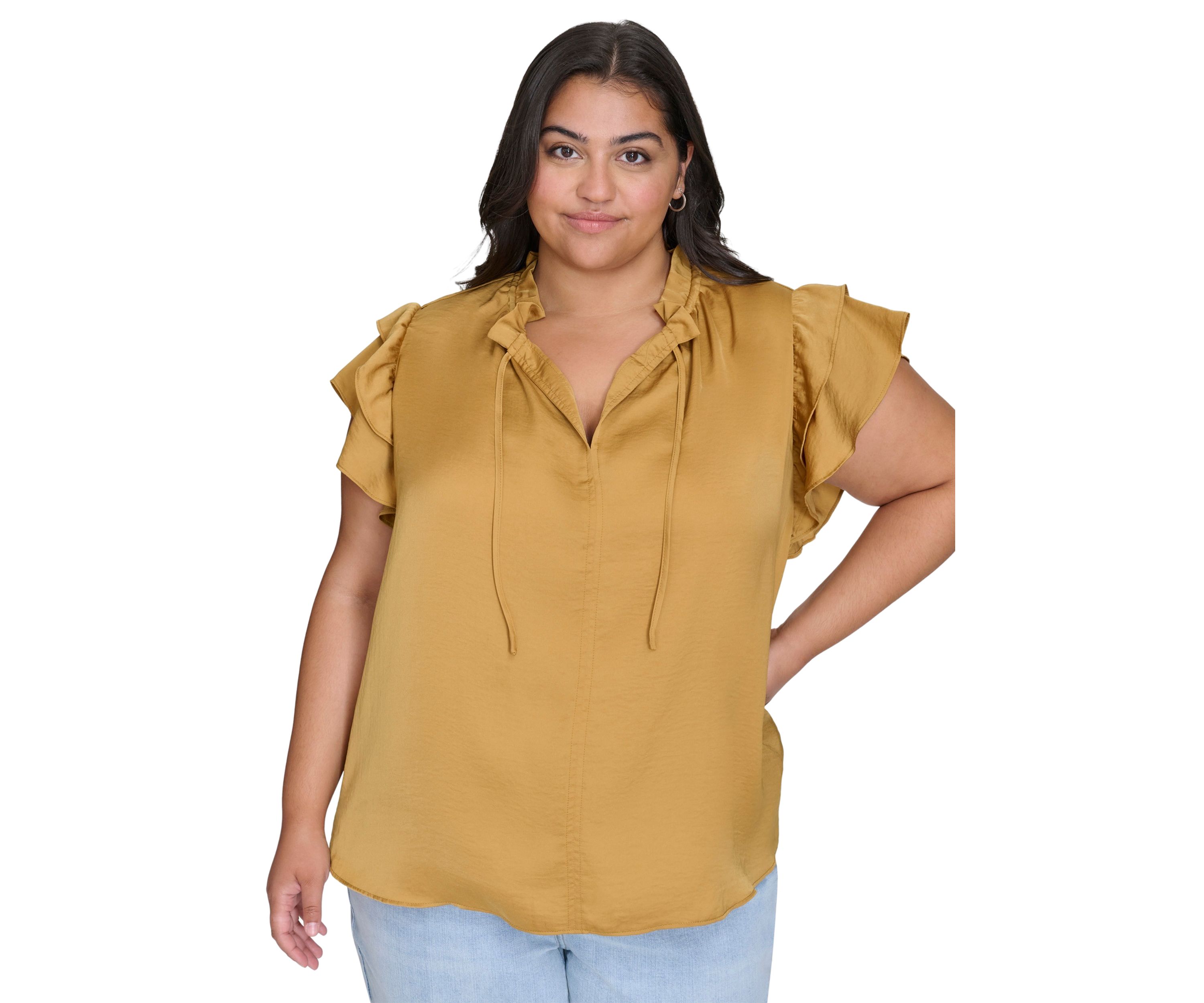 Plus Size Ruffle Neck Top with Flutter Sleeves