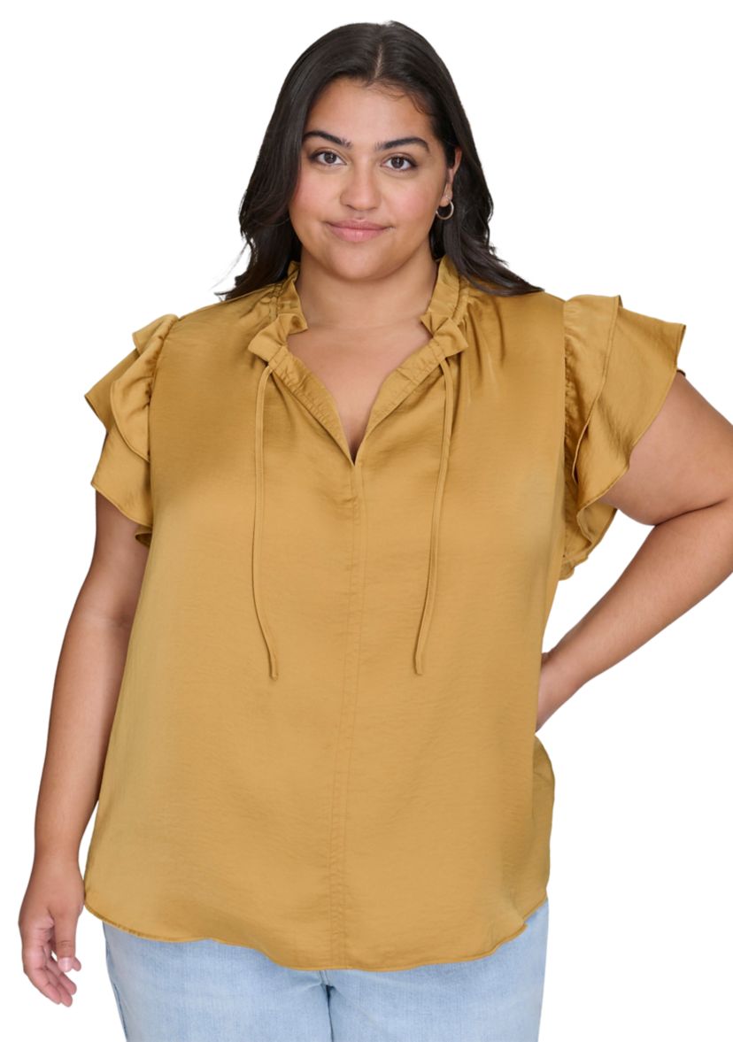 Plus Size Ruffle Neck Top with Flutter Sleeves
