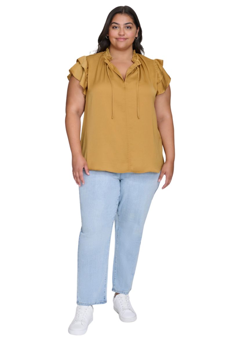 Plus Size Ruffle Neck Top with Flutter Sleeves