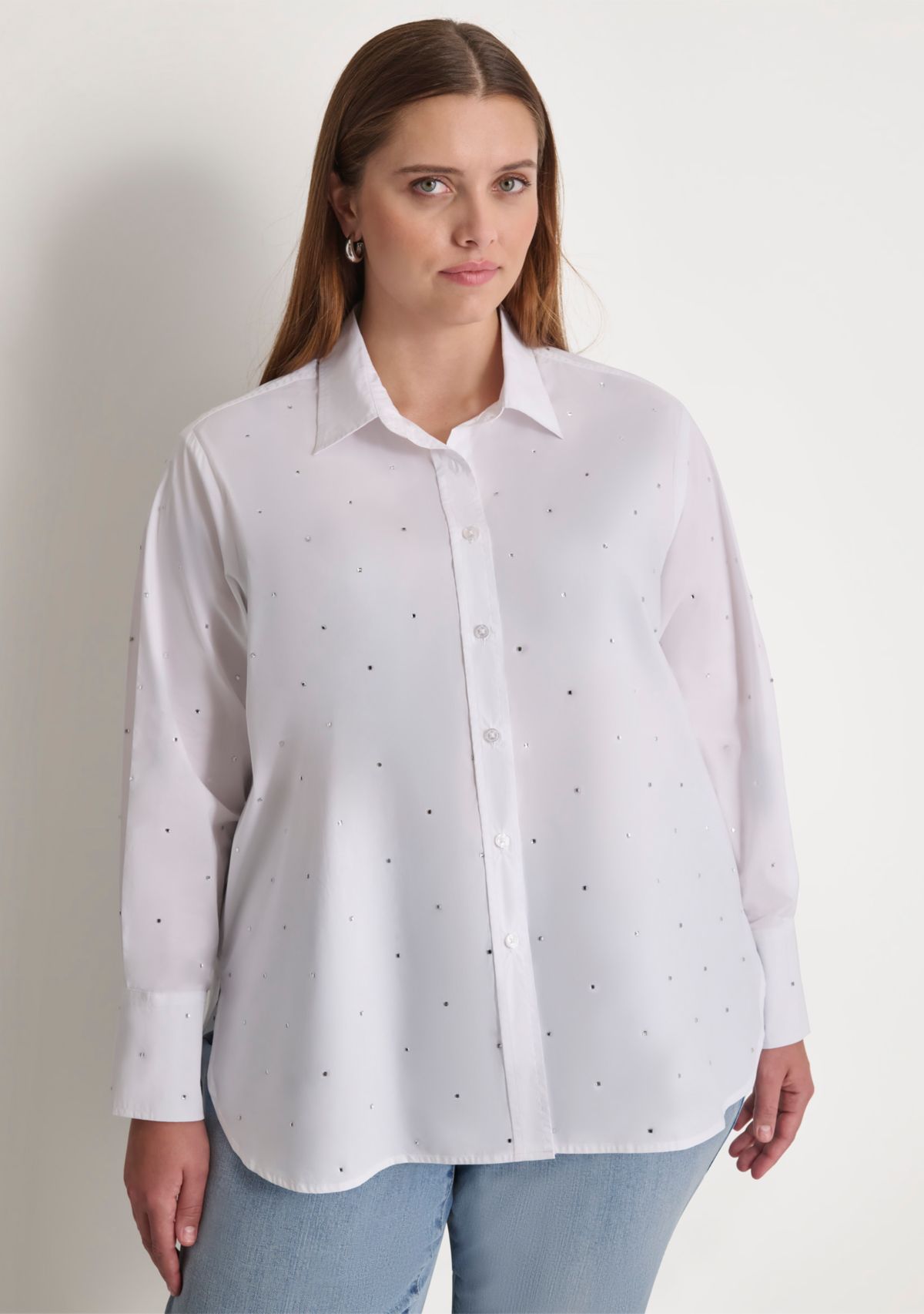 Plus Size Studded Rhinestone Button Front Blouse
