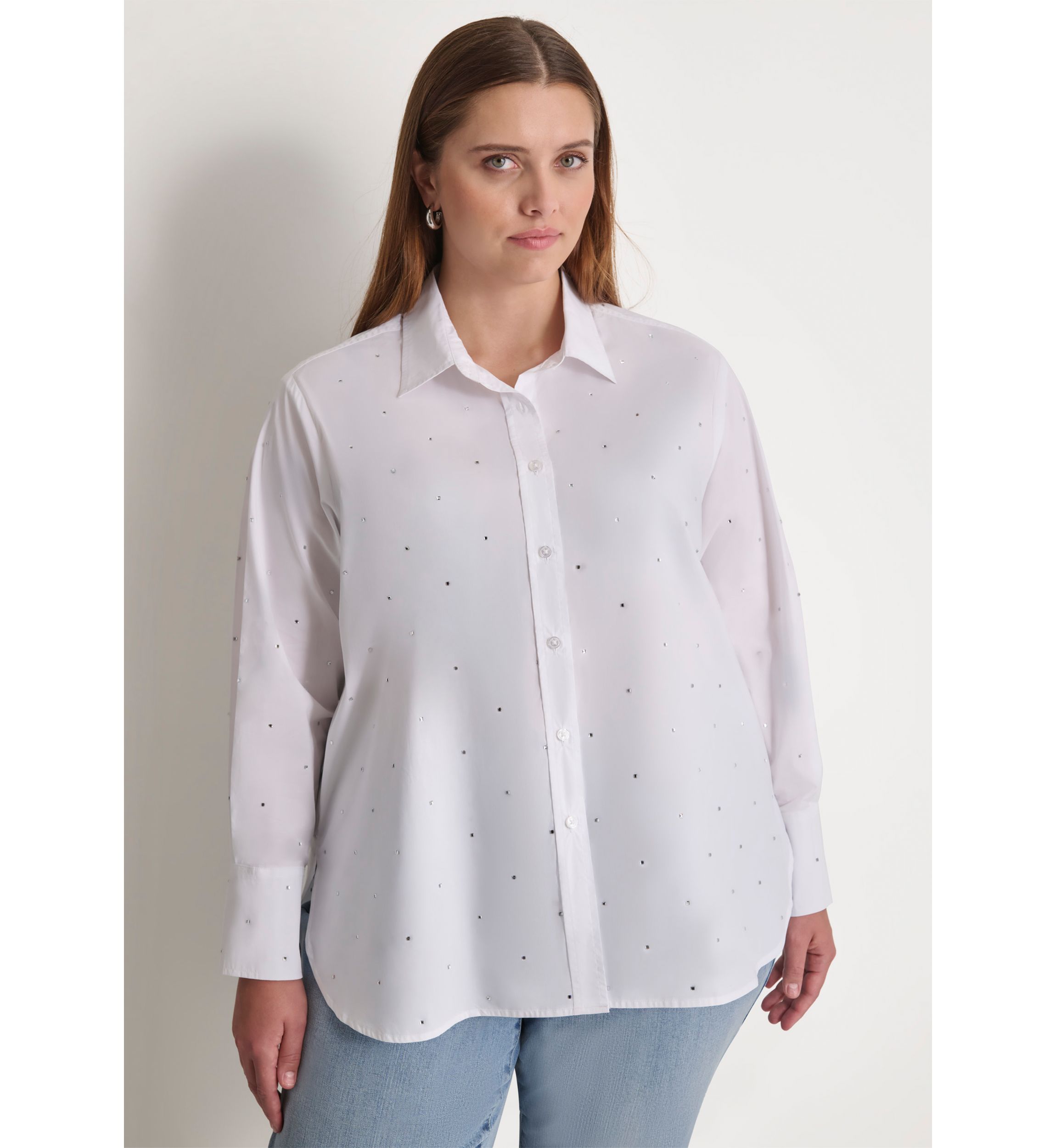 Plus Size Studded Rhinestone Button Front Blouse